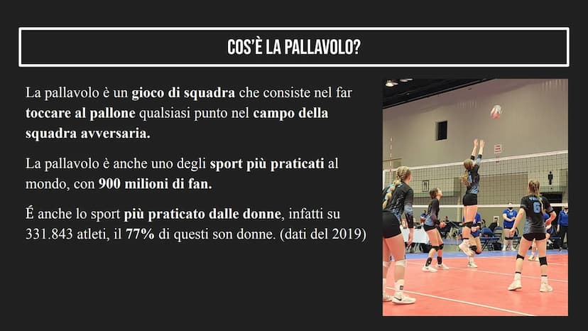 LA PALLAVOLO INDICE
1
2
3
LA PALLAVOLO
IL CAMPO E IL PALLONE
TIPI DI COLPI COS'È LA PALLAVOLO?
La pallavolo è un gioco di squadra che consis