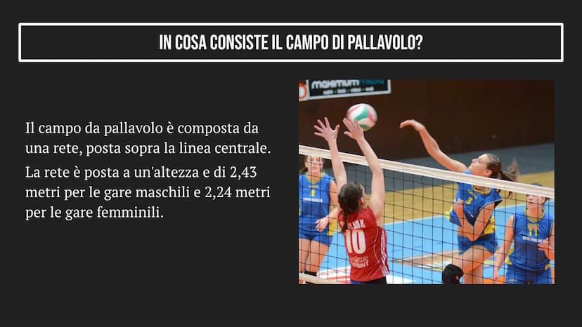 LA PALLAVOLO INDICE
1
2
3
LA PALLAVOLO
IL CAMPO E IL PALLONE
TIPI DI COLPI COS'È LA PALLAVOLO?
La pallavolo è un gioco di squadra che consis