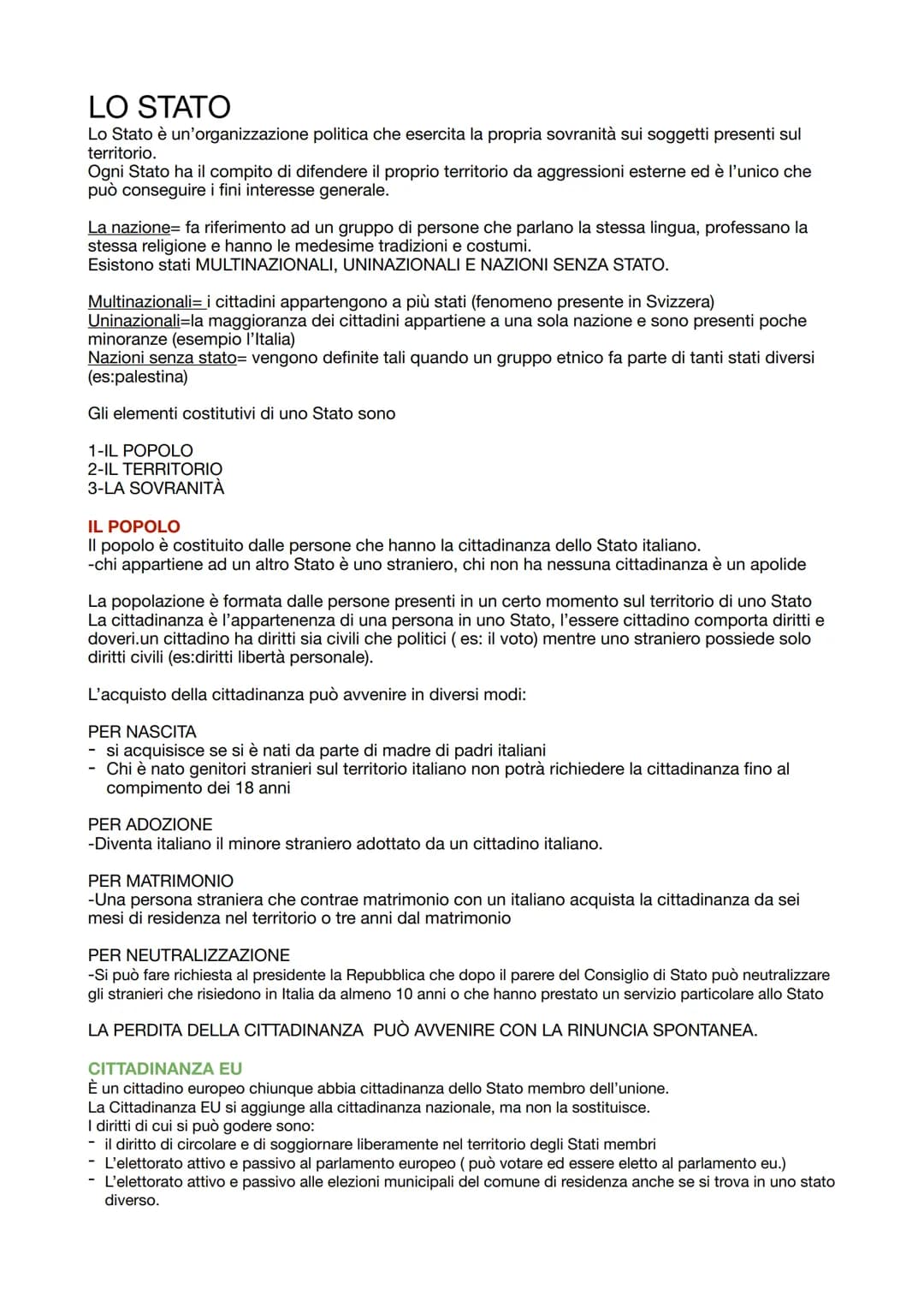 LO STATO
Lo Stato è un'organizzazione politica che esercita la propria sovranità sui soggetti presenti sul
territorio.
Ogni Stato ha il comp