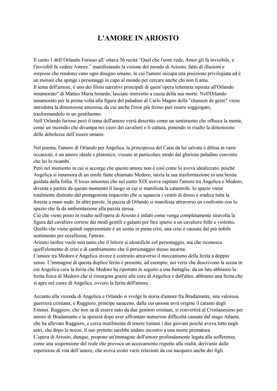 L'AMORE IN ARIOSTO
Il canto 1 dell'Orlando Furioso all' ottava 56 recita "Quel che l'uom vede, Amor gli fa invisibile, e
l'invisibil fa vede