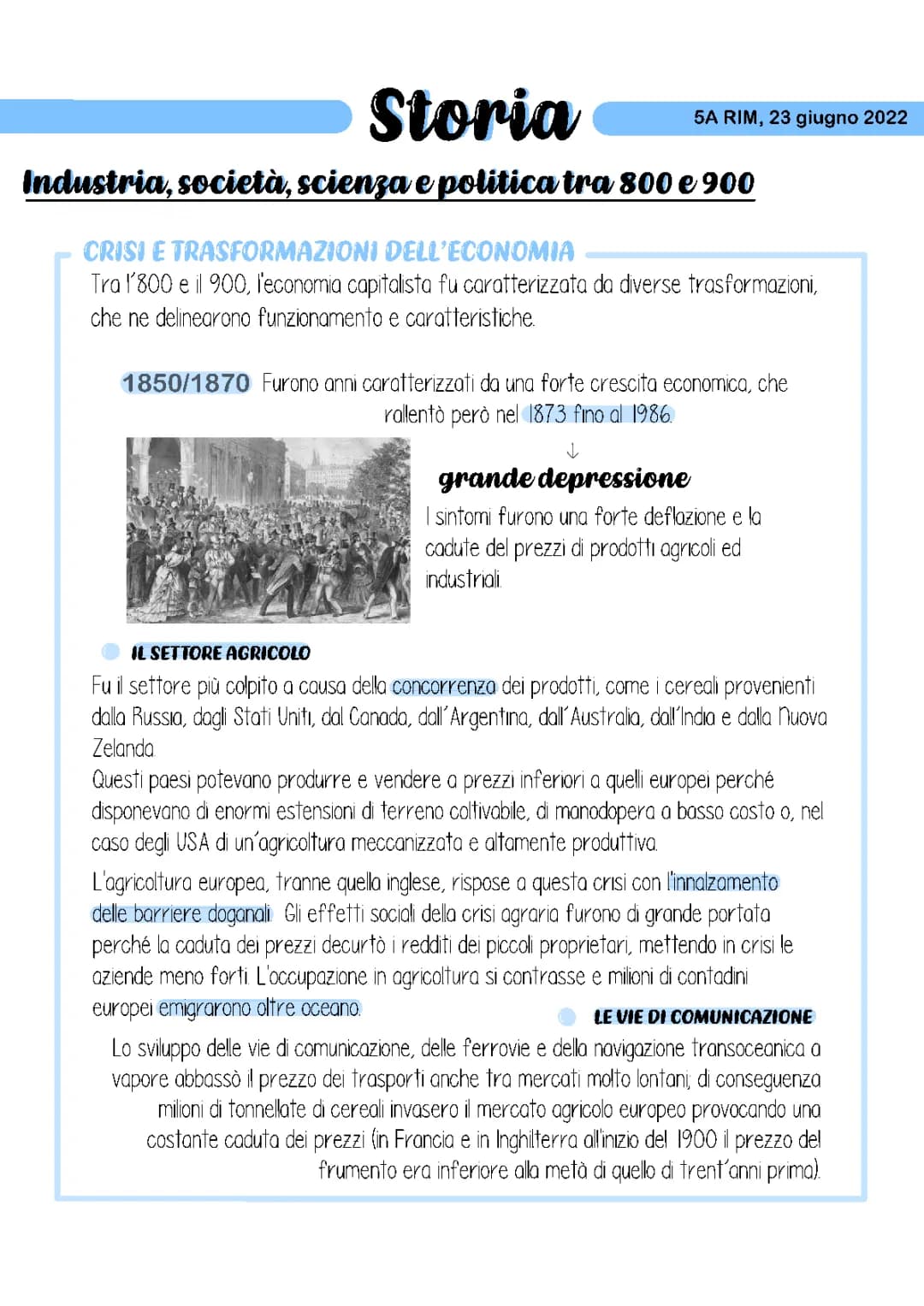 Crisi Agraria in Italia e L'Industria del '800: Dalla Prima alla Seconda Rivoluzione Industriale