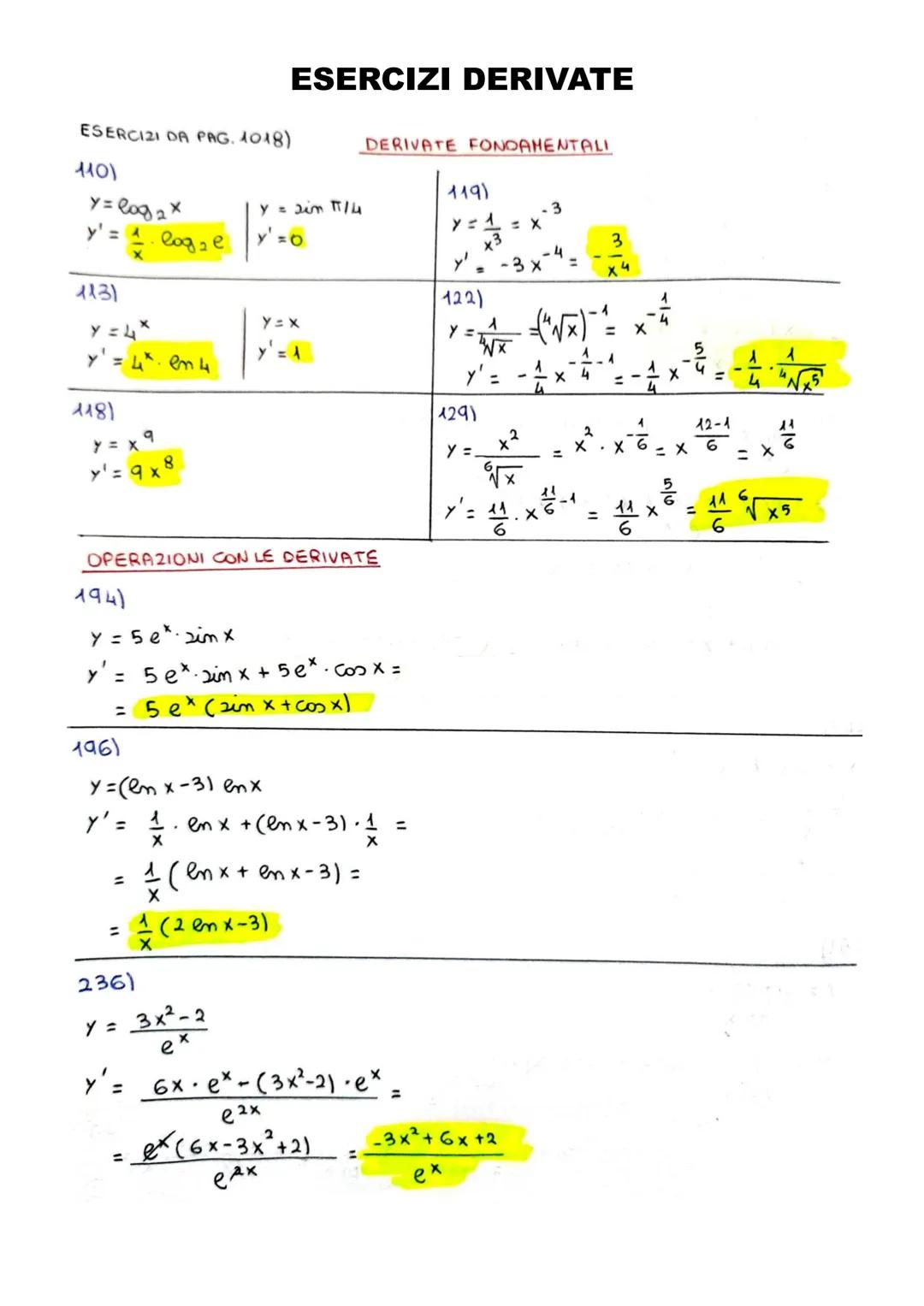 # ESERCIZI DERIVATE
ESERCIZI DA PAG. 1018) DERIVATE FONDAMENTALI
110)
y = log 2 x
y = sim $\pi$/4
y'= $\frac{1}{x}$ log₂e y'=0
119)
y = $\fr