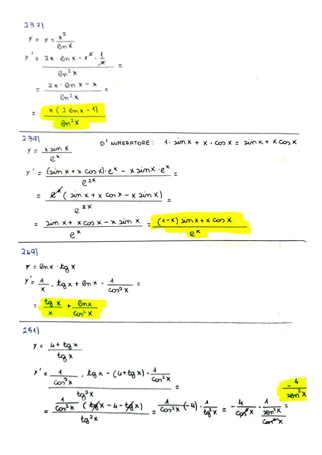# ESERCIZI DERIVATE
ESERCIZI DA PAG. 1018) DERIVATE FONDAMENTALI
110)
y = log 2 x
y = sim $\pi$/4
y'= $\frac{1}{x}$ log₂e y'=0
119)
y = $\fr
