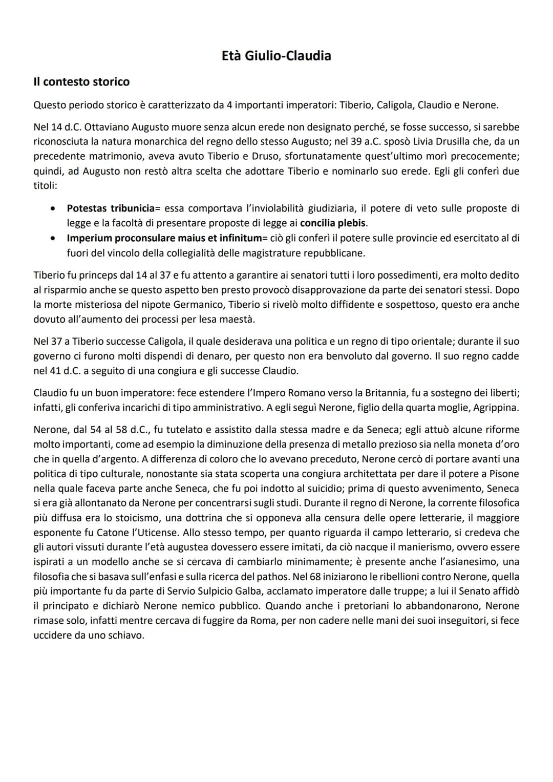 Età Giulio-Claudia
Il contesto storico
Questo periodo storico è caratterizzato da 4 importanti imperatori: Tiberio, Caligola, Claudio e Nero