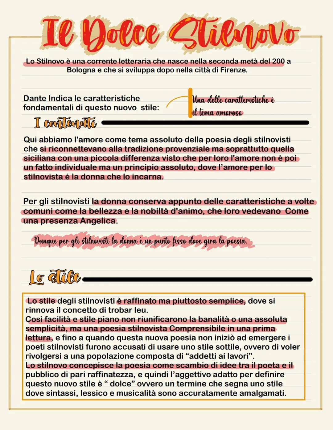 Il Dolce Stilnovo
Lo Stilnovo è una corrente letteraria che nasce nella seconda metà del 200 a
Bologna e che si sviluppa dopo nella città di