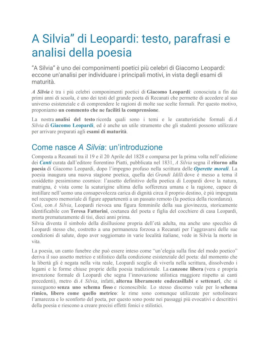 A Silvia" di Leopardi: testo, parafrasi e
analisi della poesia
"A Silvia" è uno dei componimenti poetici più celebri di Giacomo Leopardi:
ec