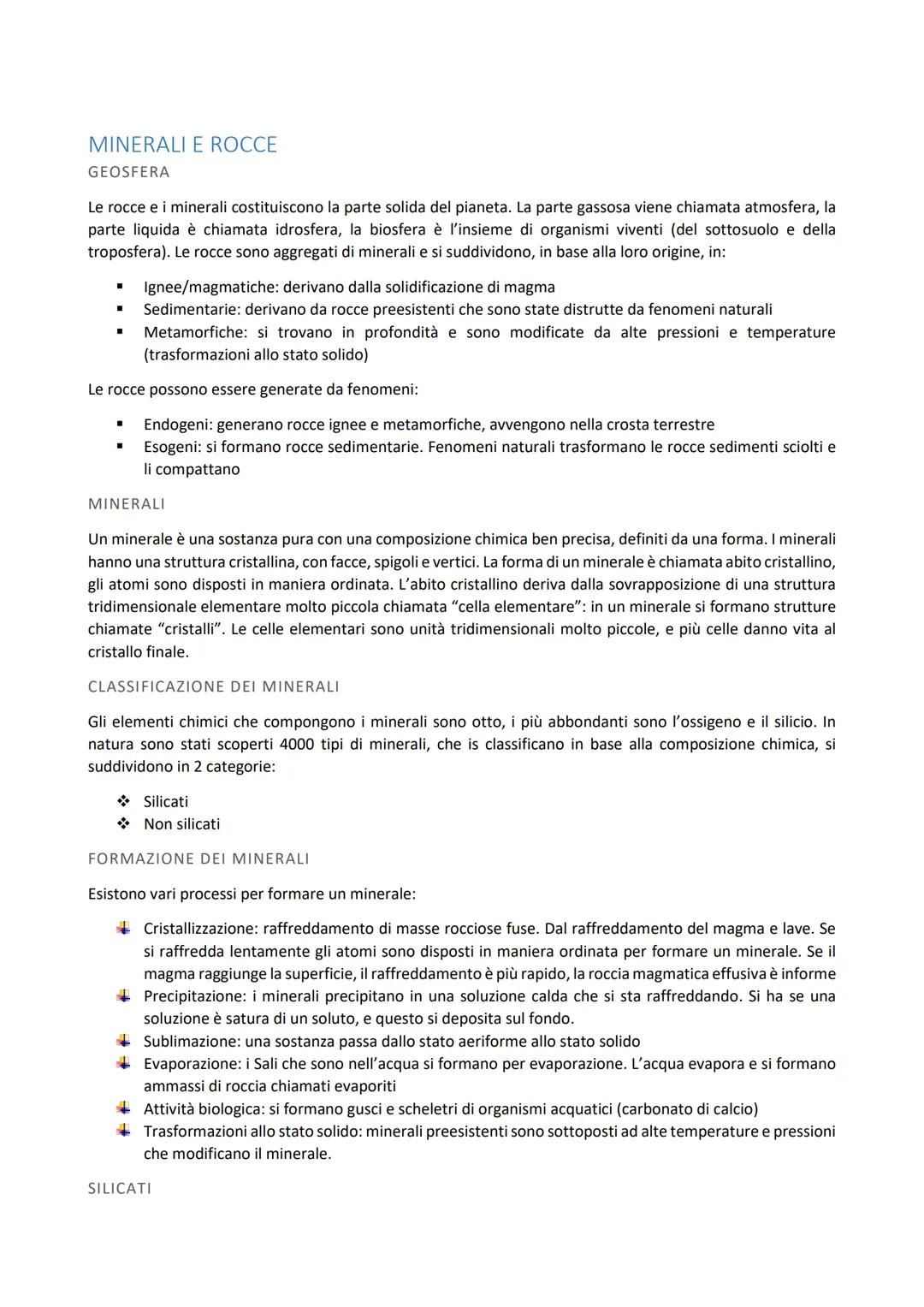 MINERALI E ROCCE
GEOSFERA
Le rocce e i minerali costituiscono la parte solida del pianeta. La parte gassosa viene chiamata atmosfera, la
par