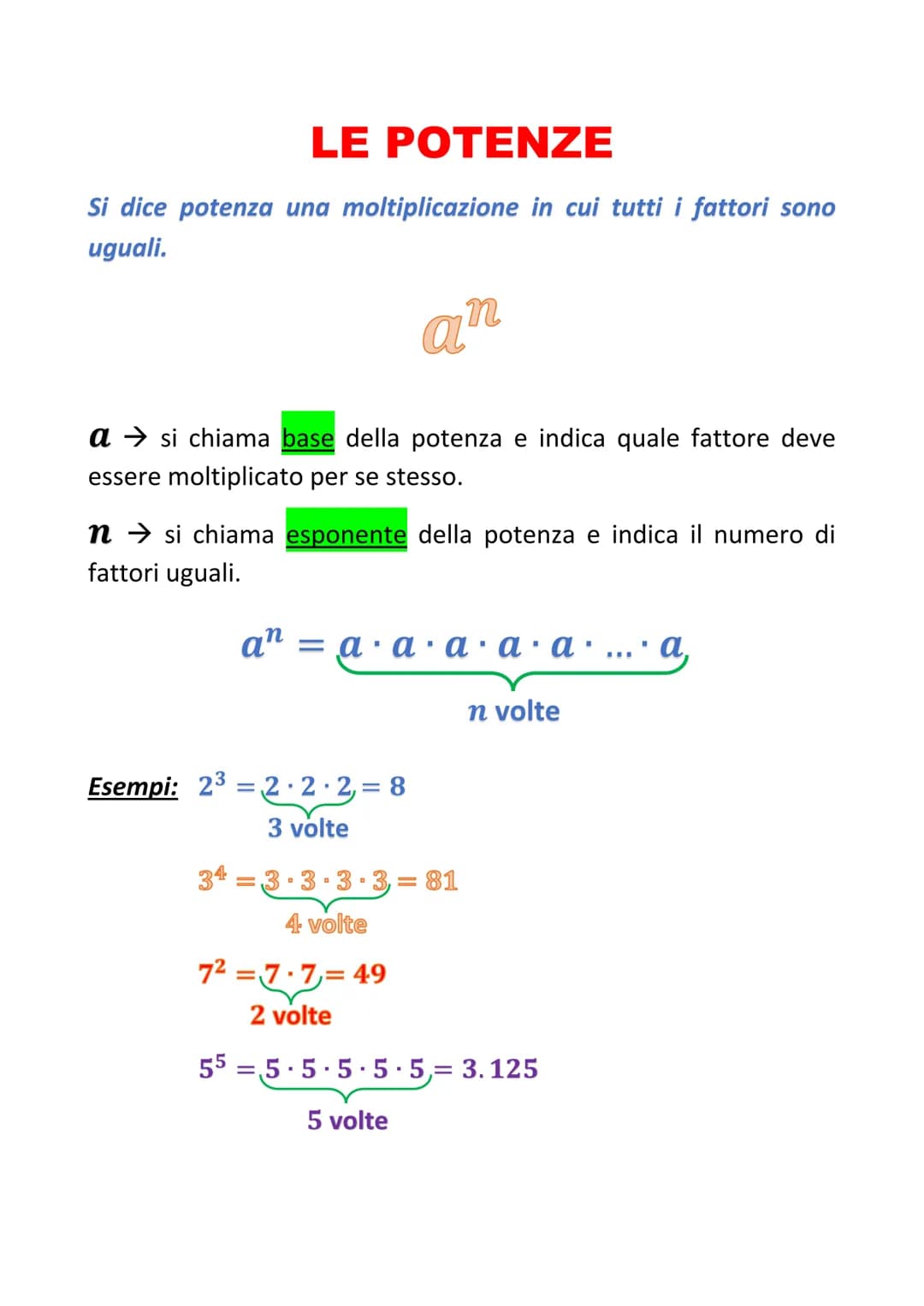 LE POTENZE
Si dice potenza una moltiplicazione in cui tutti i fattori sono
uguali.
an
asi chiama base della potenza e indica quale fattore d