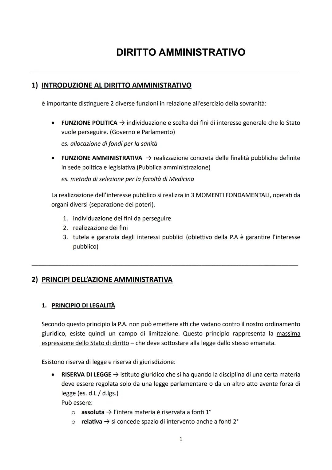 DIRITTO AMMINISTRATIVO
1) INTRODUZIONE AL DIRITTO AMMINISTRATIVO
è importante distinguere 2 diverse funzioni in relazione all'esercizio dell