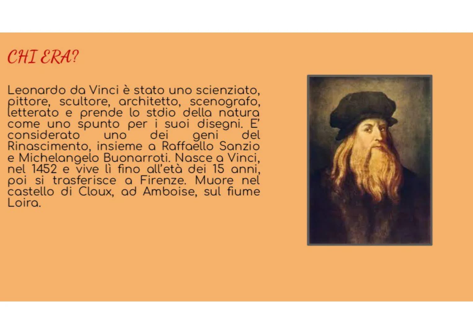 LEONARDO DA VINCI CHI ERA?
Leonardo da Vinci è stato uno scienziato,
pittore, scultore, architetto, scenografo,
letterato e prende lo stdio 