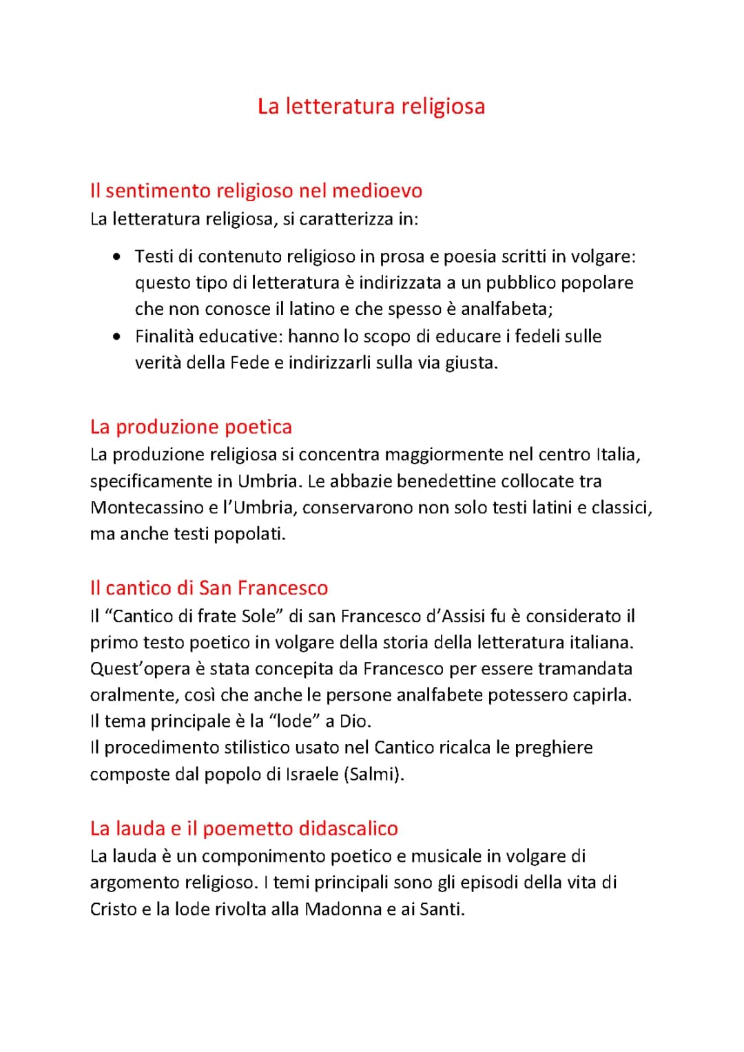 Riassunto e Schema della Letteratura e Poesia Religiosa del Duecento