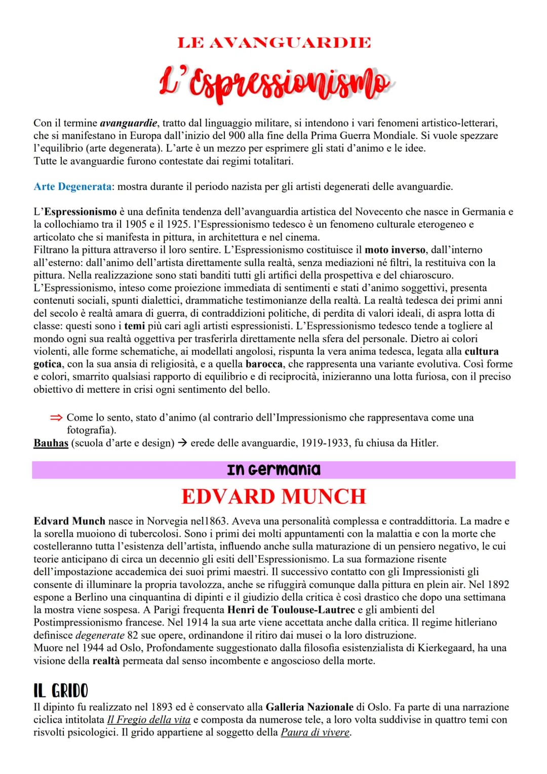 LE AVANGUARDIE
L'Espressionismo
Con il termine avanguardie, tratto dal linguaggio militare, si intendono i vari fenomeni artistico-letterari