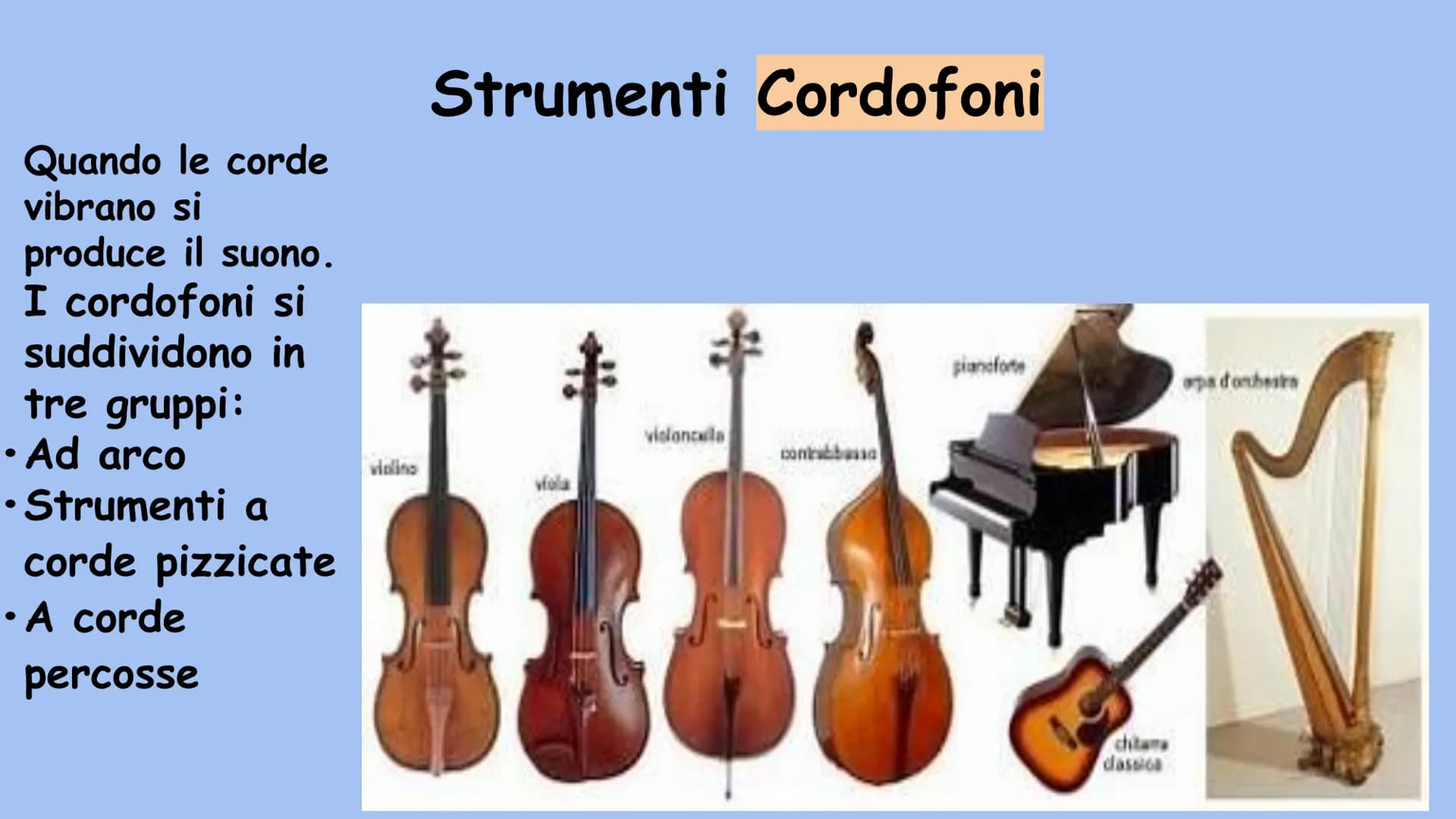 La classificazione degli strumenti musicali Classificazione di base
Suoni Indeterminati
Suoni Determinati
(non sono note di una scala musica