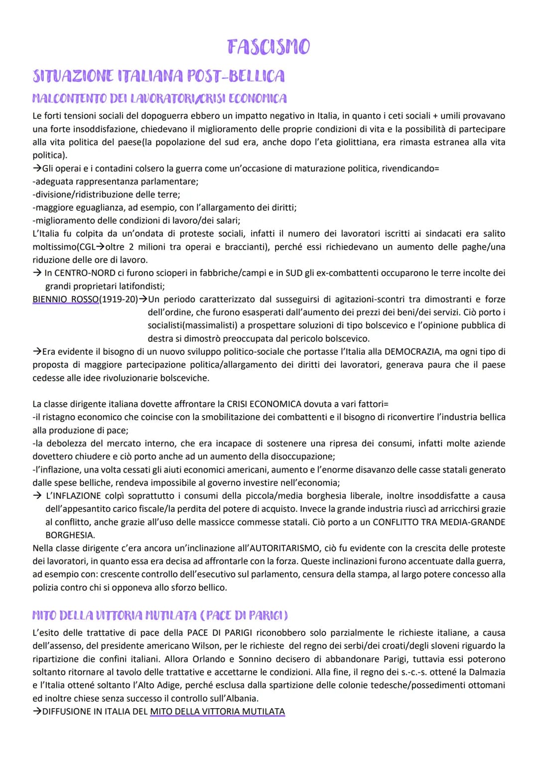 FASCISMO
SITUAZIONE ITALIANA POST-BELLICA
MALCONTENTO DEI LAVORATORI/CRISI ECONOMICA
Le forti tensioni sociali del dopoguerra ebbero un impa