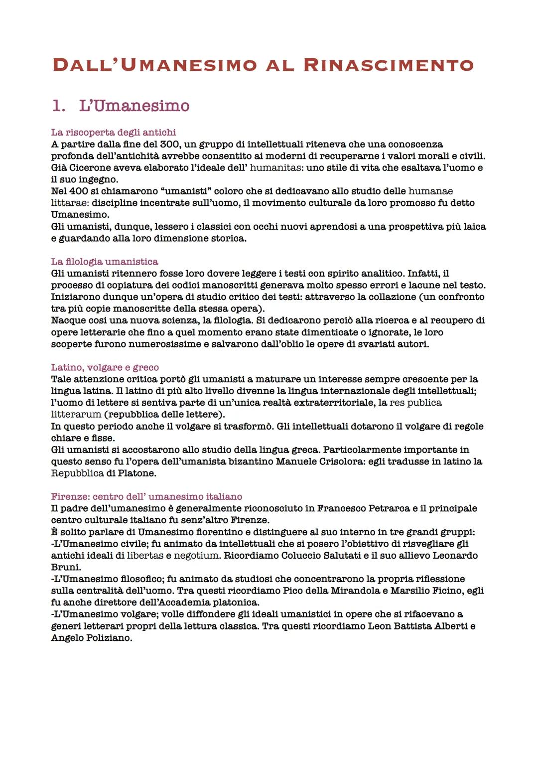 # DALL'UMANESIMO AL RINASCIMENTO

1. L'Umanesimo

La riscoperta degli antichi
A partire dalla fine del 300, un gruppo di intellettuali riten
