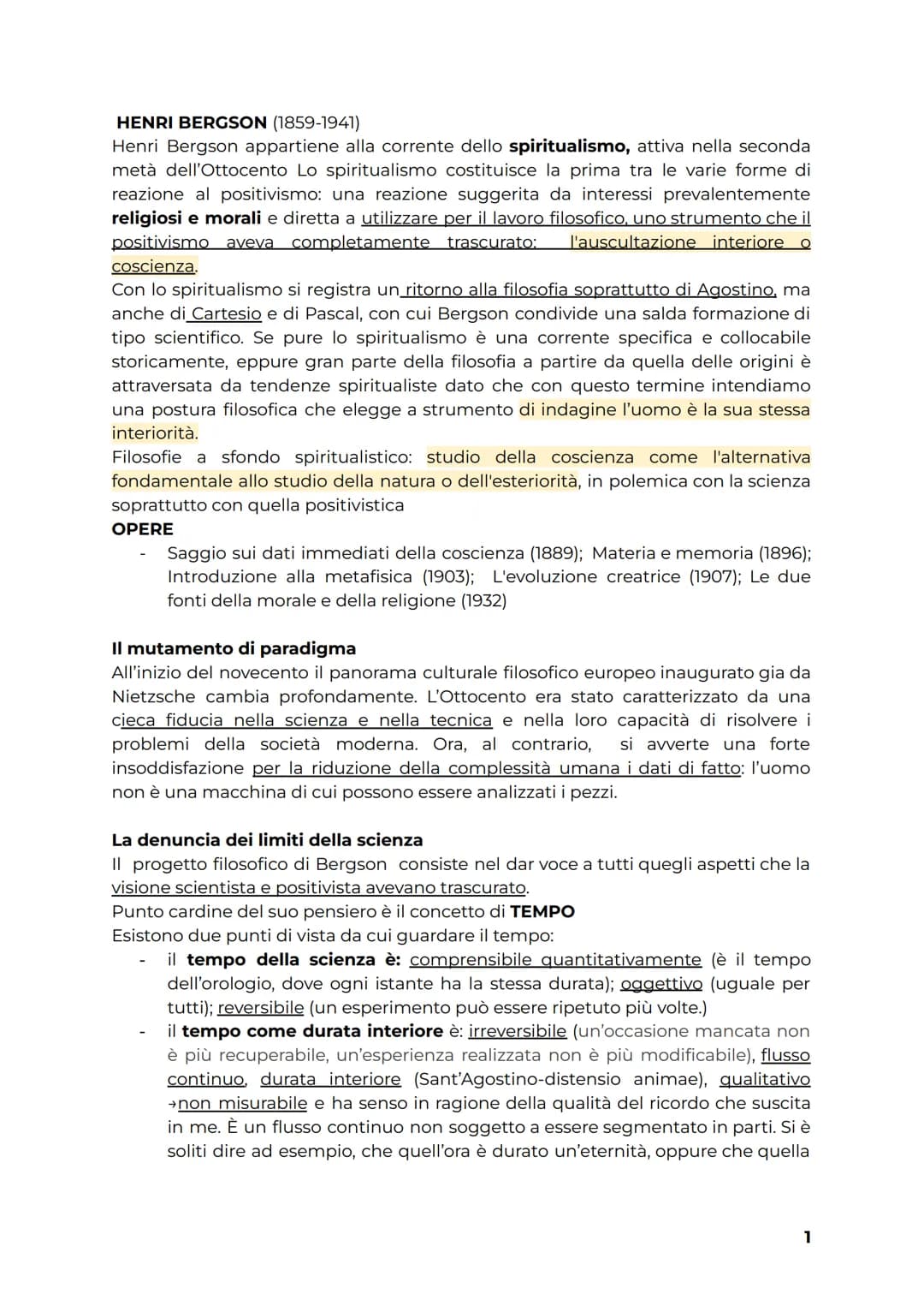 HENRI BERGSON (1859-1941)
Henri Bergson appartiene alla corrente dello spiritualismo, attiva nella seconda
metà dell'Ottocento Lo spirituali