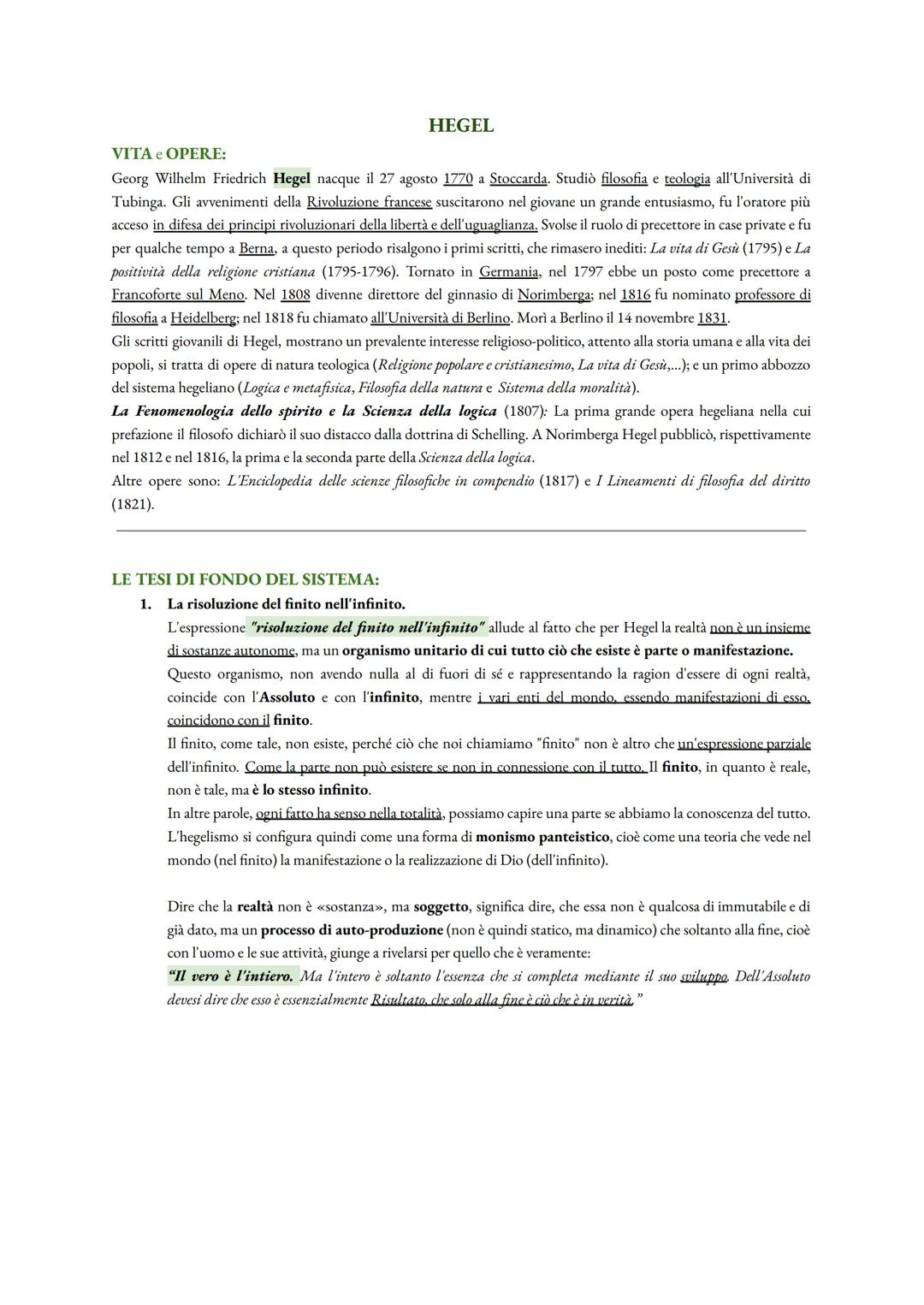 HEGEL
VITA e OPERE:
Georg Wilhelm Friedrich Hegel nacque il 27 agosto 1770 a Stoccarda. Studiò filosofia e teologia all'Università di
Tubing
