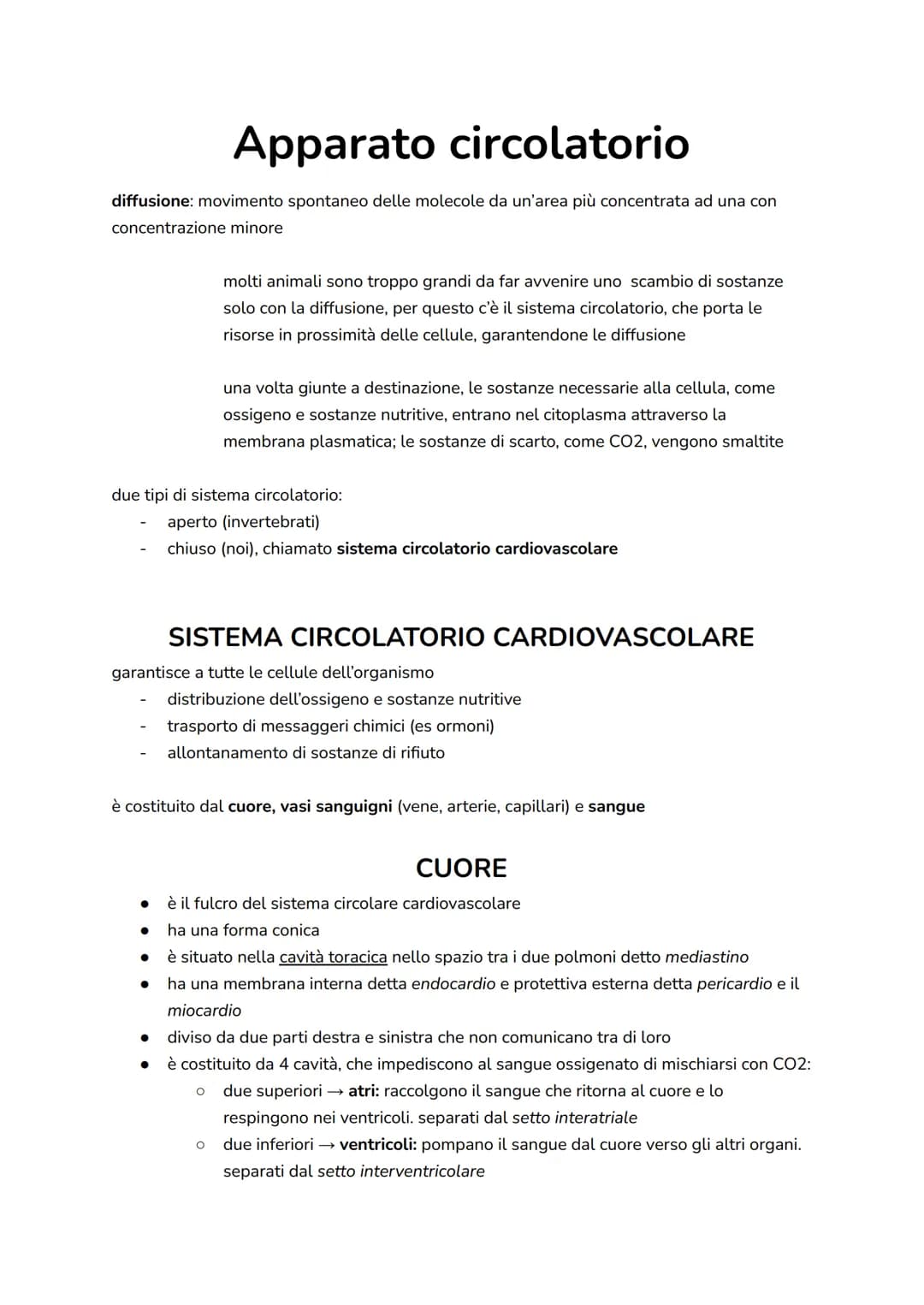 Apparato circolatorio
diffusione: movimento spontaneo delle molecole da un'area più concentrata ad una con
concentrazione minore
due tipi di