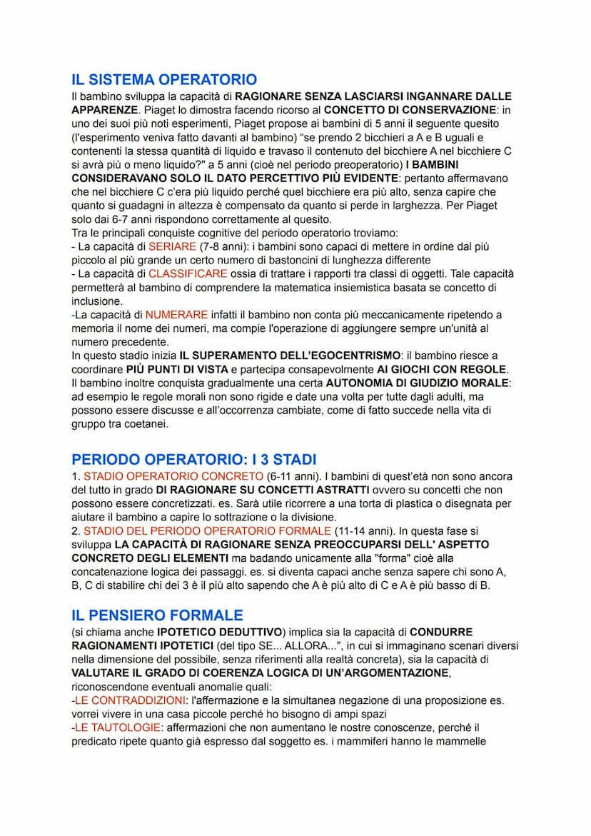 PIAGET: LA MENTE INFANTILE
Lo psicologo svizzero Jean Piaget (1896-1980) ha elaborato un importante TEORIA DELLO
SVILUPPO COGNITIVO che pren