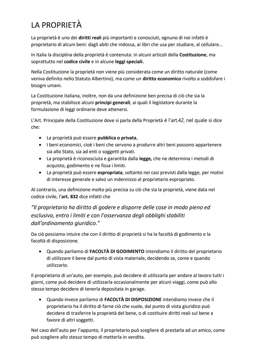 LA PROPRIETÀ
La proprietà è uno dei diritti reali più importanti e conosciuti, ognuno di noi infatti è
proprietario di alcuni beni: dagli ab