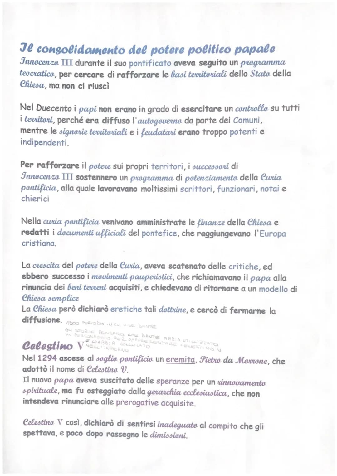 Il consolidamento del potere politico papale
Innocenzo III durante il suo pontificato aveva seguito un programma
teocratico, per cercare di 