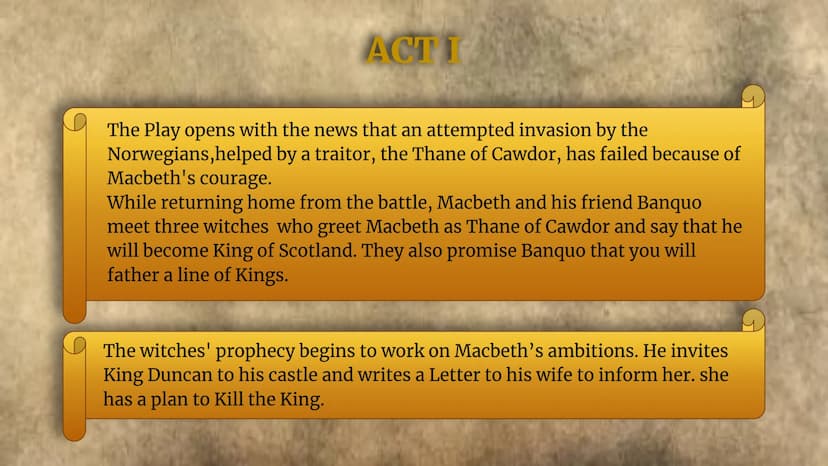 
<h3 id="acti">Act I</h3>
<p>The play opens with the news of an attempted invasion by the Norwegians, supported by the Thane of Cawdor, whic