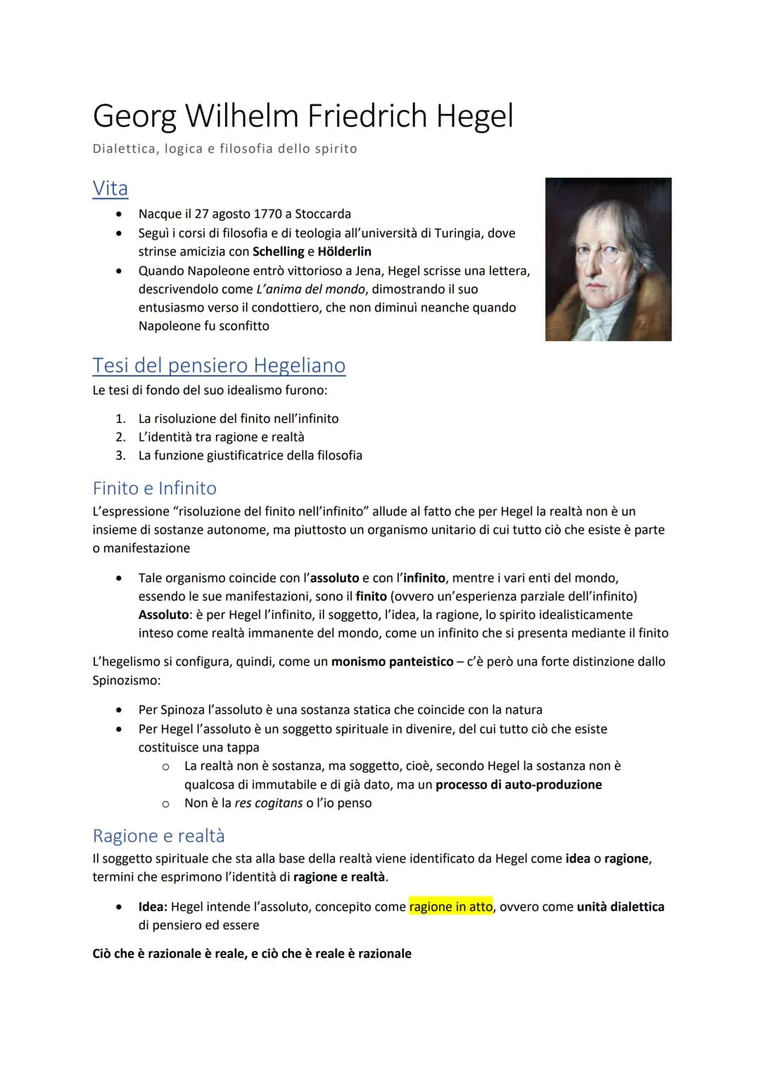 Georg Wilhelm Friedrich Hegel
Dialettica, logica e filosofia dello spirito
Vita
Nacque il 27 agosto 1770 a Stoccarda
Seguì i corsi di filoso