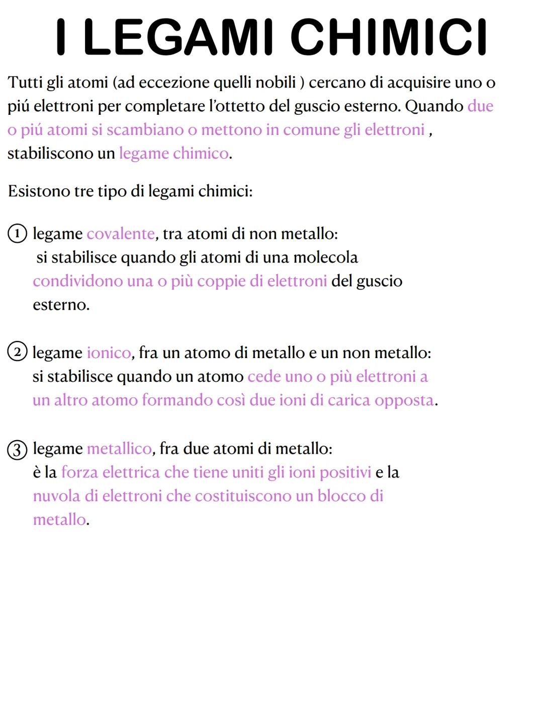 I LEGAMI CHIMICI
Tutti gli atomi (ad eccezione quelli nobili ) cercano di acquisire uno o
piú elettroni per completare l'ottetto del guscio 