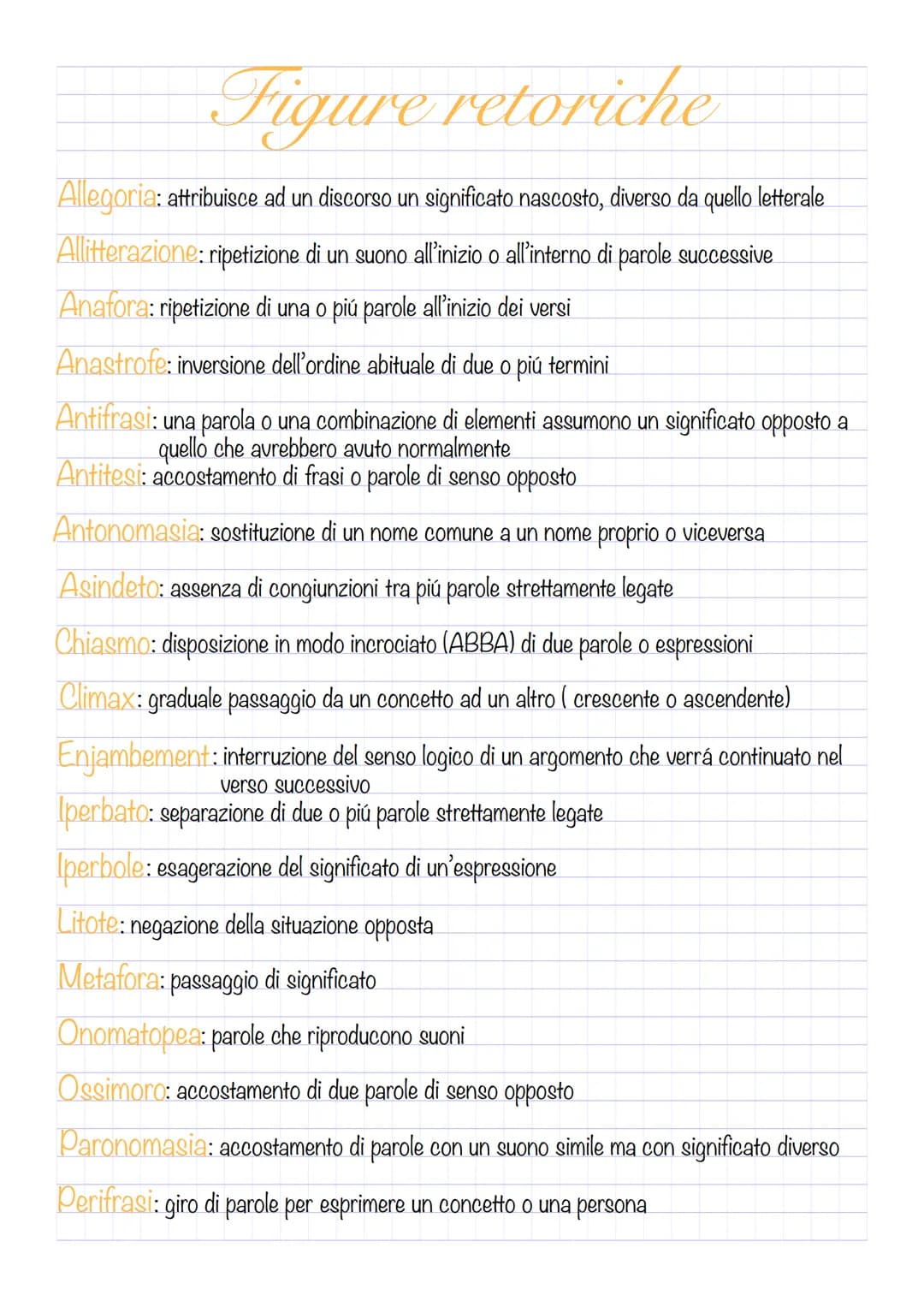 Figure retoriche
Allegoria: attribuisce ad un discorso un significato nascosto, diverso da quello letterale
Allitterazione: ripetizione di u