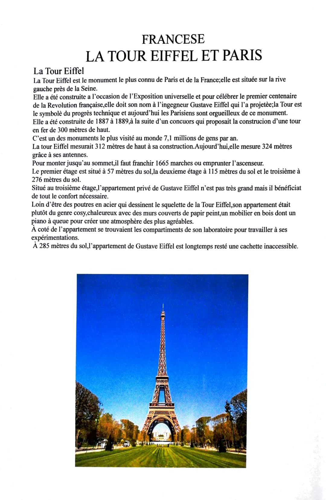 FRANCESE
LA TOUR EIFFEL ET PARIS
La Tour Eiffel
La Tour Eiffel est le monument le plus connu de Paris et de la France;elle est située sur la