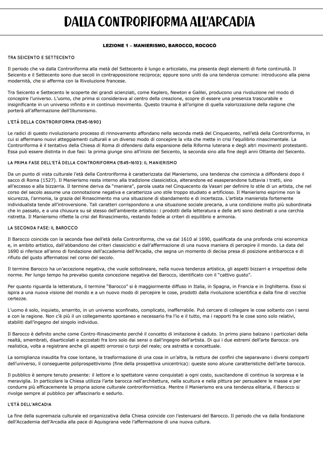 DALLA CONTRORIFORMA ALL'ARCADIA
LEZIONE 1 - MANIERISMO, BAROCCO, ROCOCO
TRA SEICENTO E SETTECENTO
Il periodo che va dalla Controriforma alla