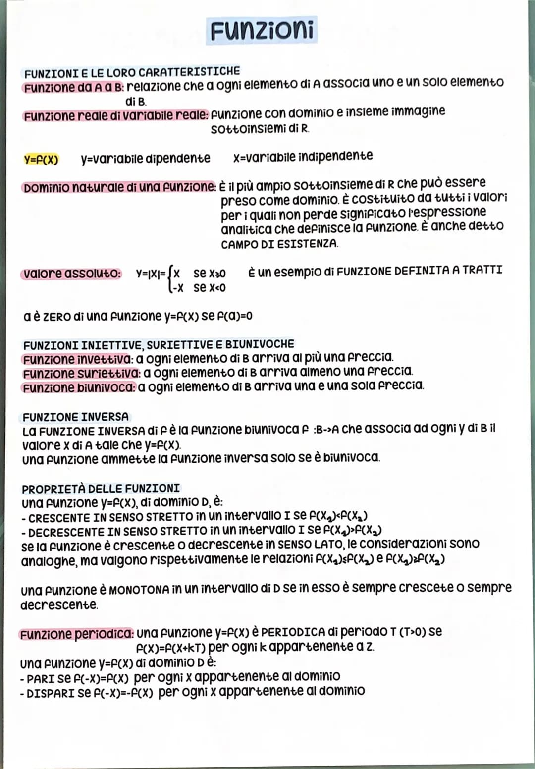 Funzioni Matematiche: Riassunto, Esercizi e Grafici