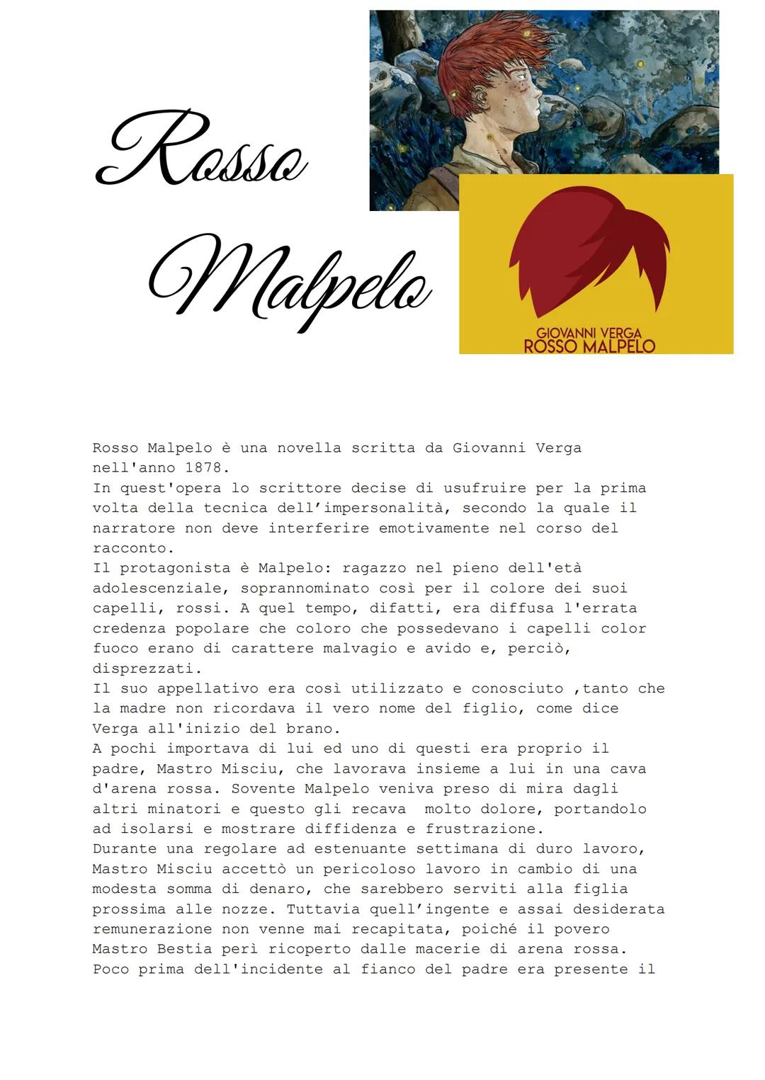 Rosso
Malpela
GIOVANNI VERGA
ROSSO MALPELO
Rosso Malpelo è una novella scritta da Giovanni Verga
nell'anno 1878.
In quest'opera lo scrittore