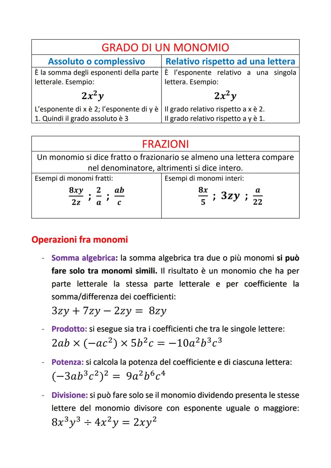 I MONOMI
Si dice monomio il prodotto tra un numero e una o più lettere.
Queste ultime possono essere elevate a potenza con esponente
un nume