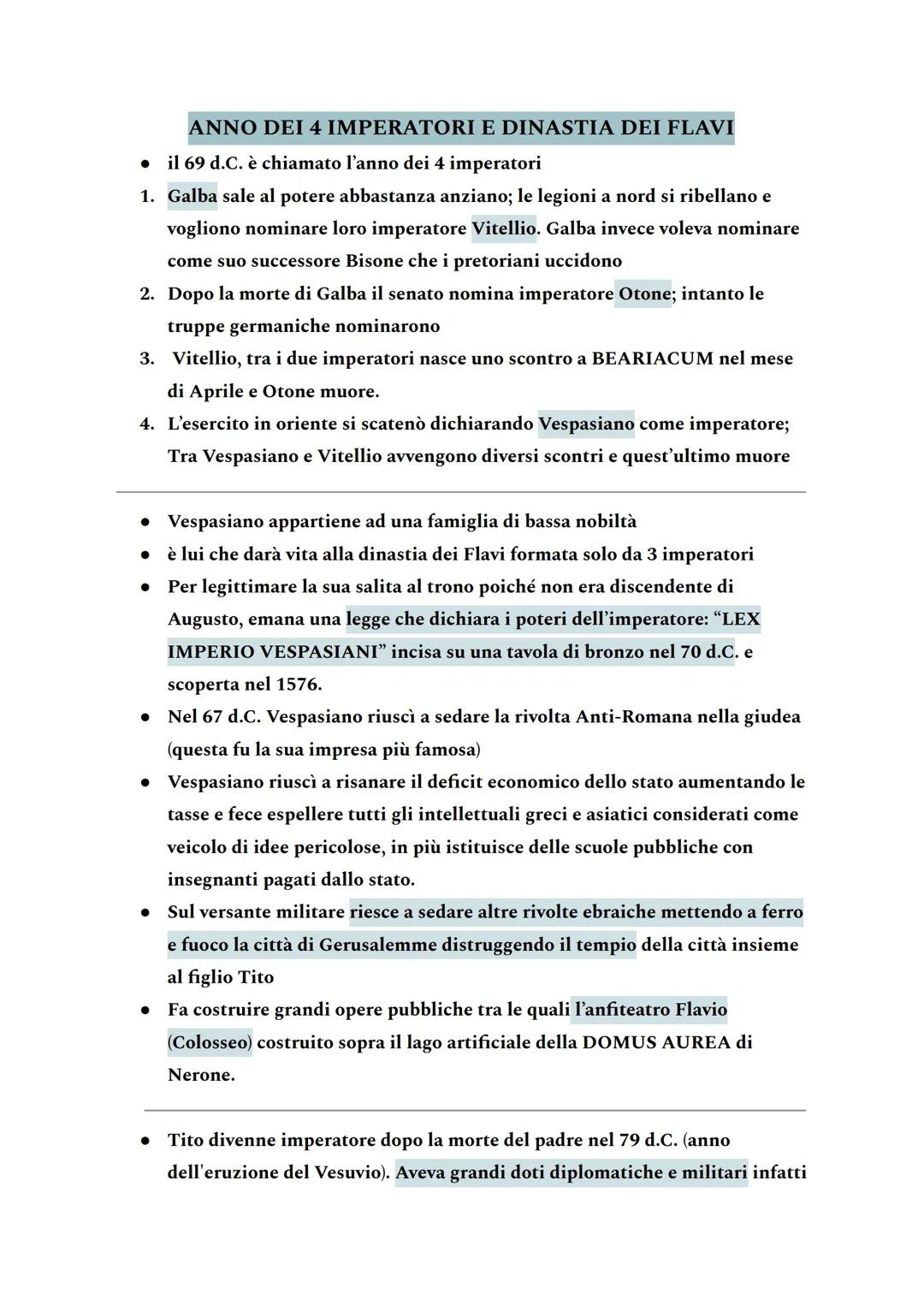 ANNO DEI 4 IMPERATORI E DINASTIA DEI FLAVI
il 69 d.C. è chiamato l'anno dei 4 imperatori
1. Galba sale al potere abbastanza anziano; le legi