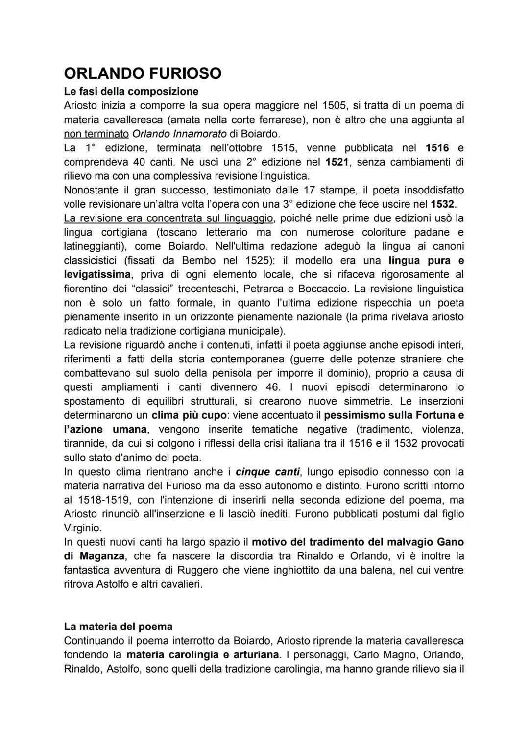 ORLANDO FURIOSO
Le fasi della composizione
Ariosto inizia a comporre la sua opera maggiore nel 1505, si tratta di un poema di
materia cavall