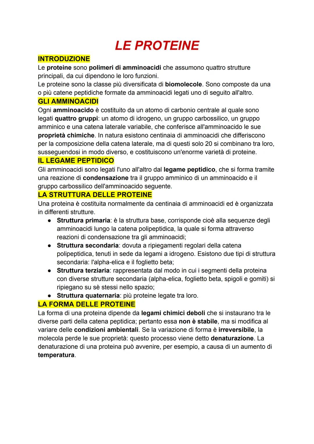 LE PROTEINE
INTRODUZIONE
Le proteine sono polimeri di amminoacidi che assumono quattro strutture
principali, da cui dipendono le loro funzio