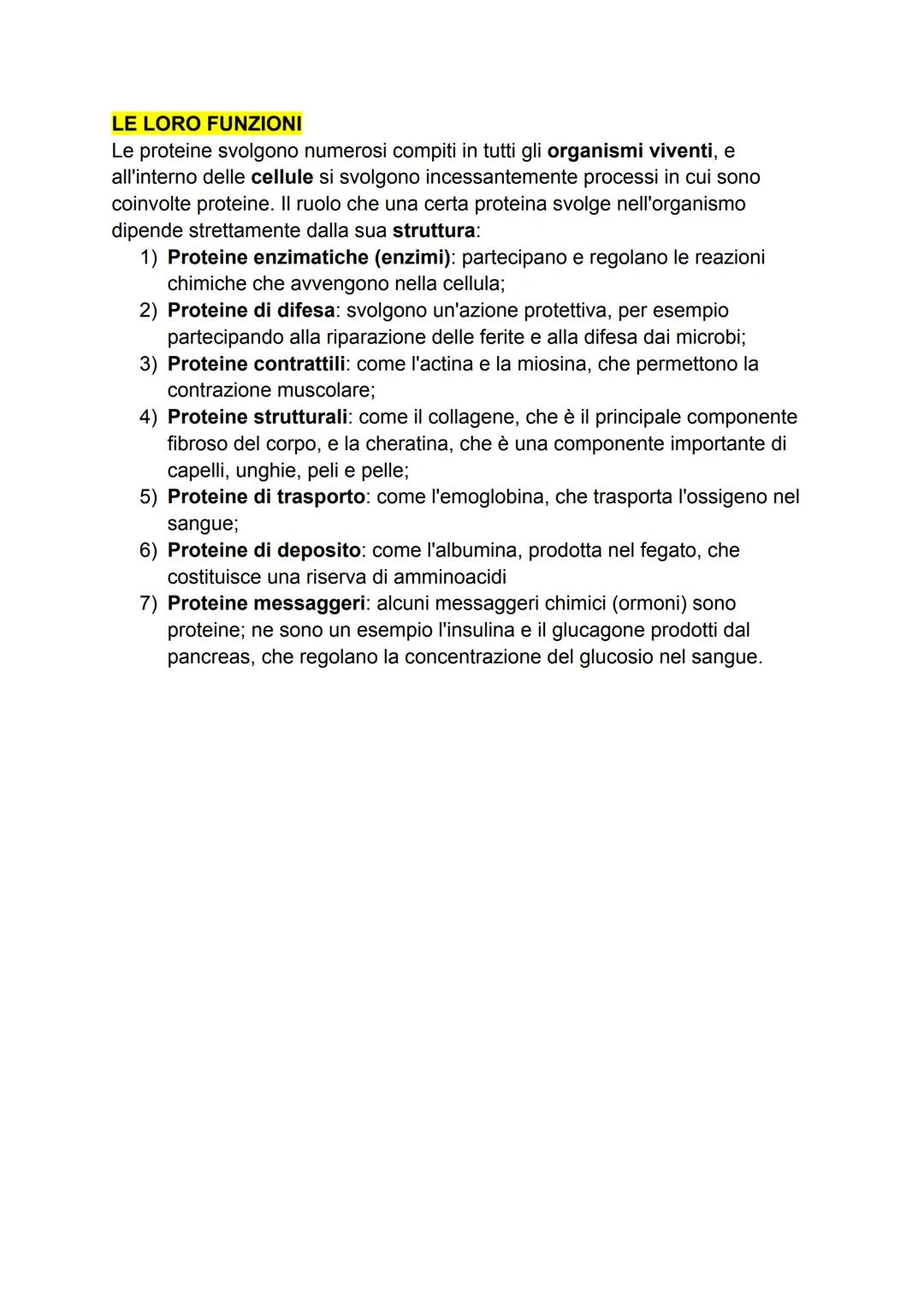 LE PROTEINE
INTRODUZIONE
Le proteine sono polimeri di amminoacidi che assumono quattro strutture
principali, da cui dipendono le loro funzio