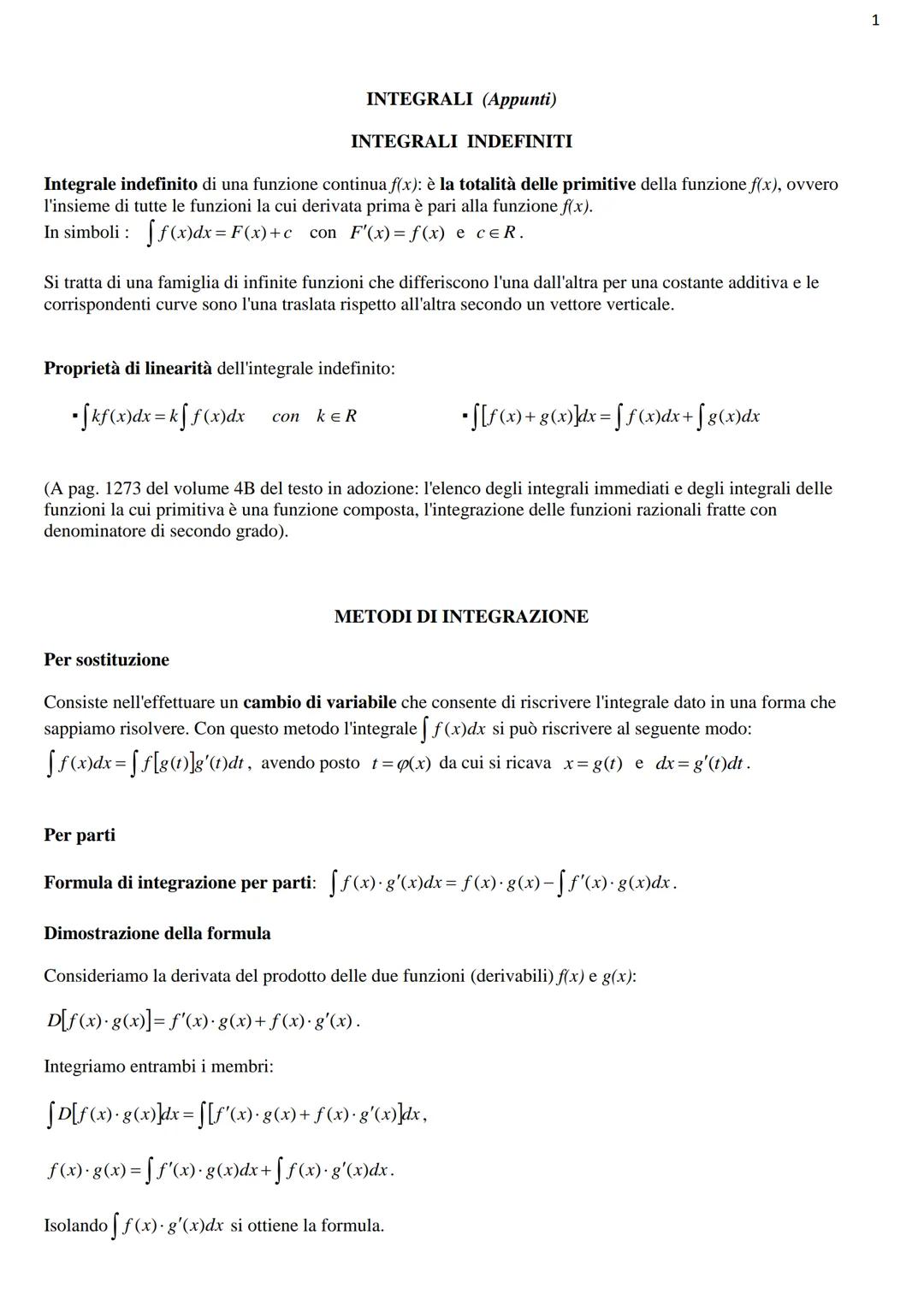 # INTEGRALI (Appunti)

INTEGRALI INDEFINITI

Integrale indefinito di una funzione continua f(x): è la totalità delle primitive della funzion