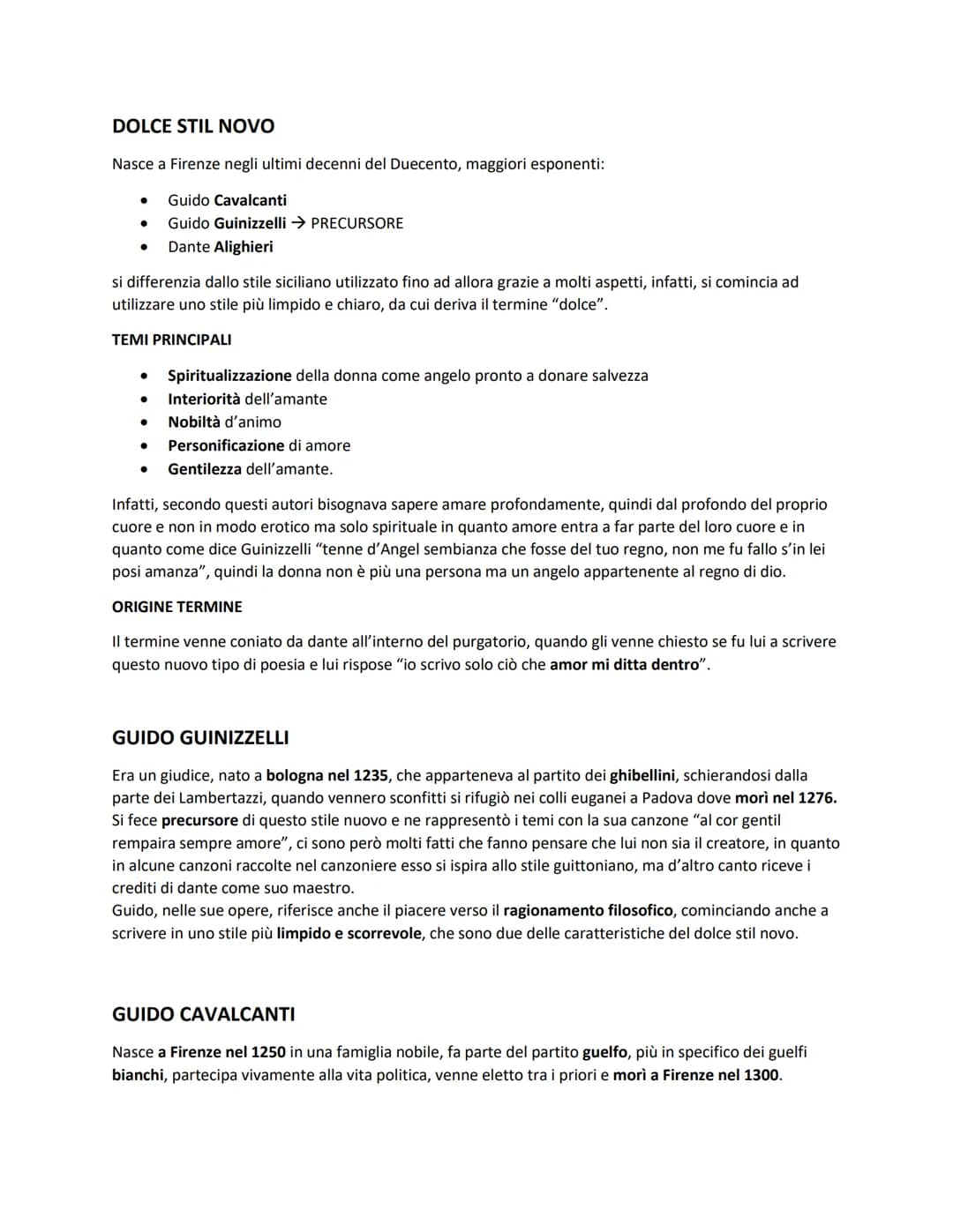 DOLCE STIL NOVO
Nasce a Firenze negli ultimi decenni del Duecento, maggiori esponenti:
Guido Cavalcanti
Guido Guinizzelli PRECURSORE
●
● Dan