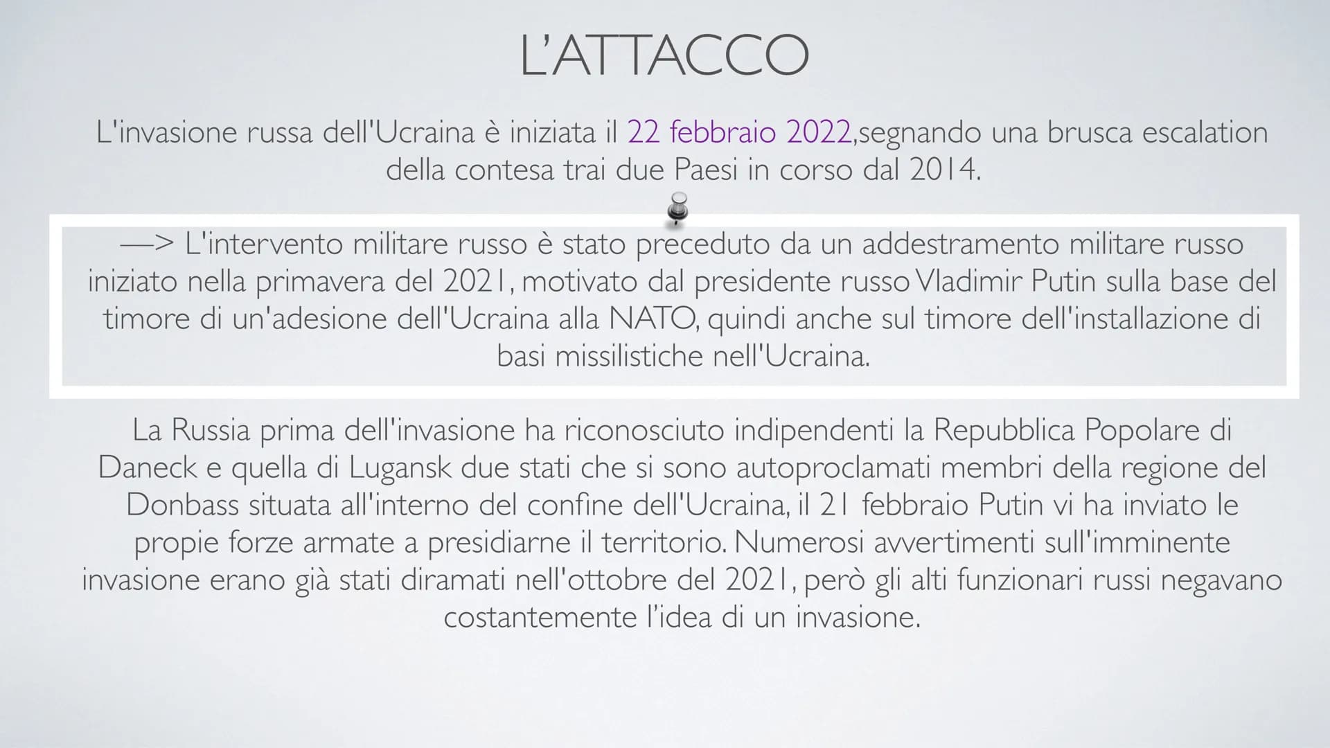 
<h2 id="lattacco">L'Attacco</h2>
<p>L'invasione russa dell'Ucraina è iniziata il 22 febbraio 2022, segnando una brusca escalation della con