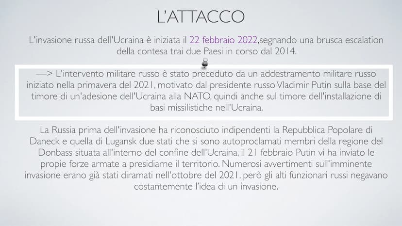 
<h2 id="lattacco">L'Attacco</h2>
<p>L'invasione russa dell'Ucraina è iniziata il 22 febbraio 2022, segnando una brusca escalation della con