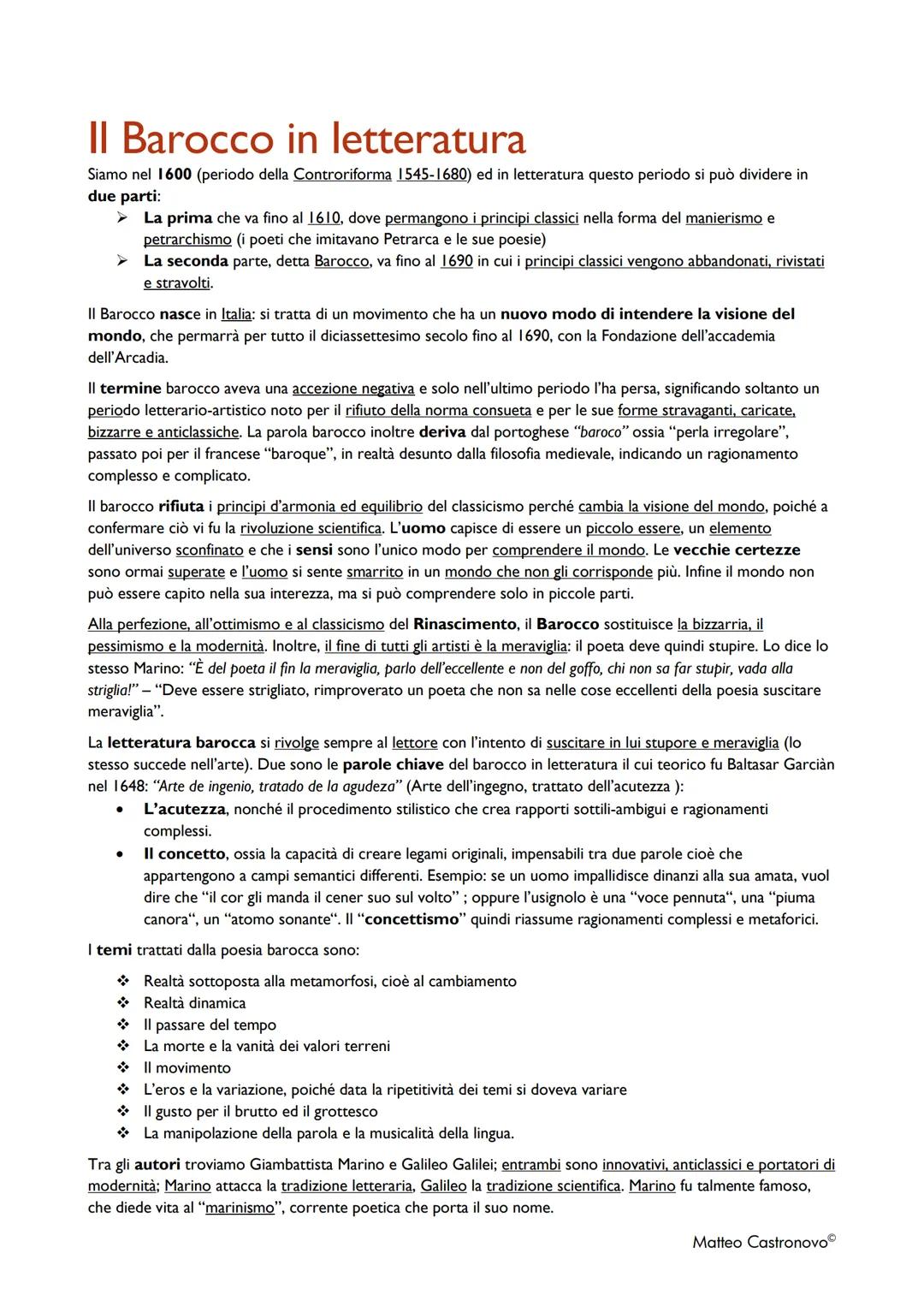 Il Barocco in letteratura
Siamo nel 1600 (periodo della Controriforma 1545-1680) ed in letteratura questo periodo si può dividere in
due par