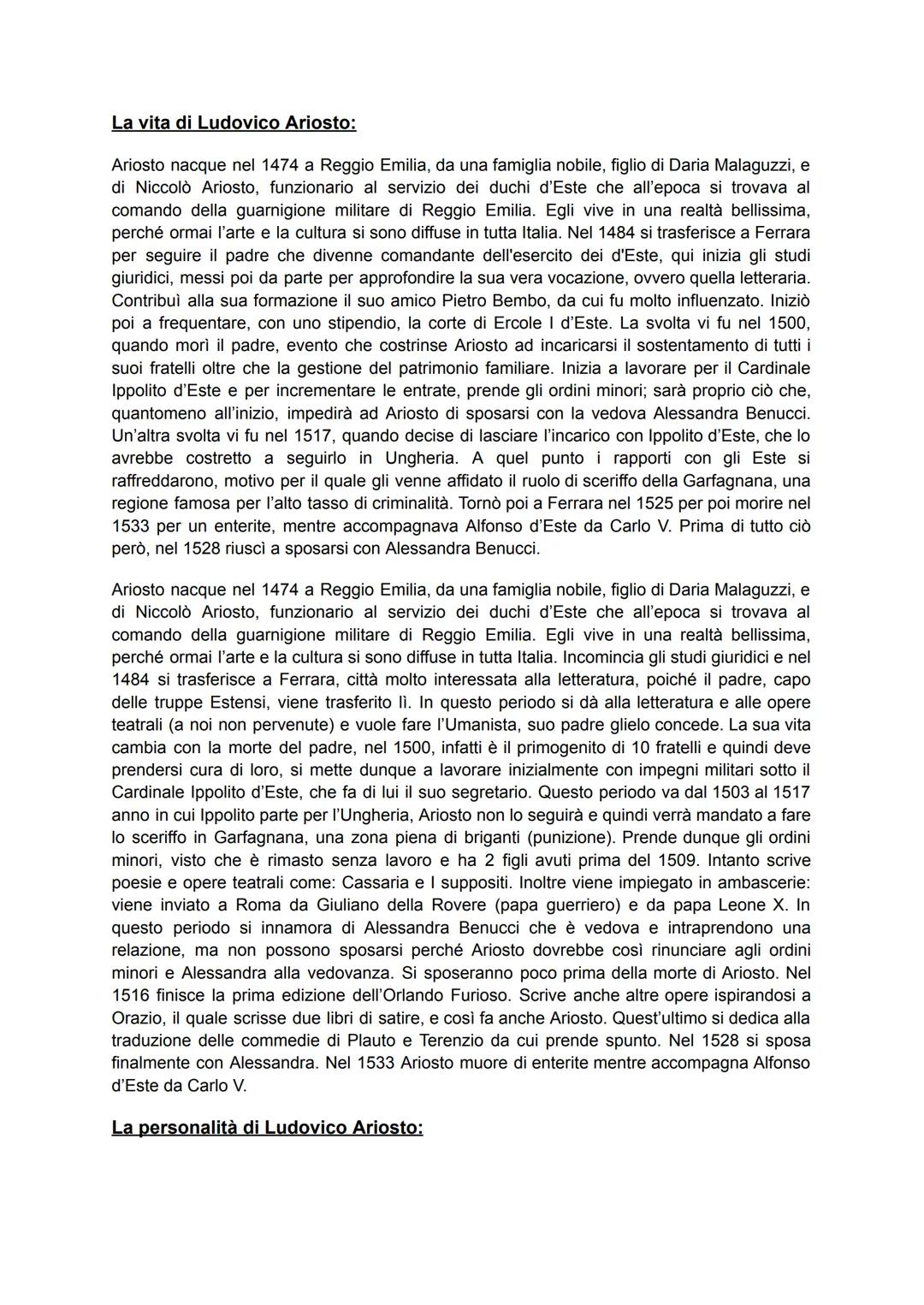 Ariosto
Ariosto, da intellettuale di corte (non cortigiano, aveva le sue idee e le sosteneva) qual era,
per poter intrattenere i colti della