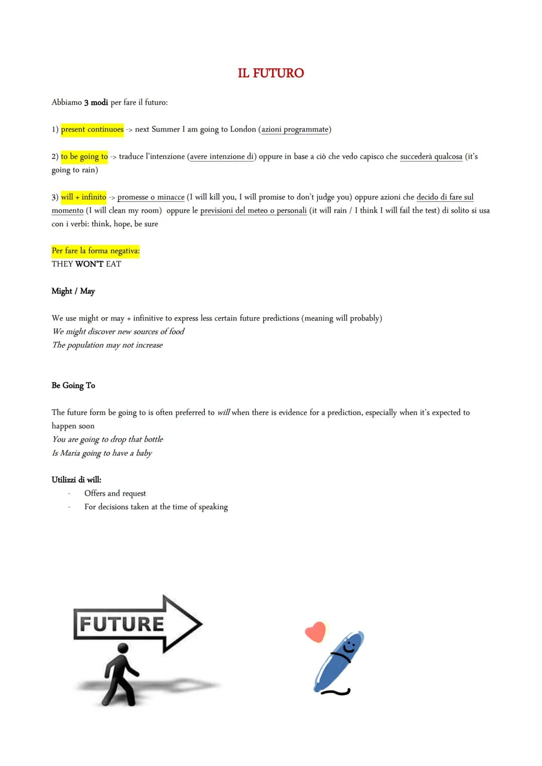 # IL FUTURO
Abbiamo 3 modi per fare il futuro:
1) present continuoes -> next Summer I am going to London (azioni programmate)
2) to be goi
