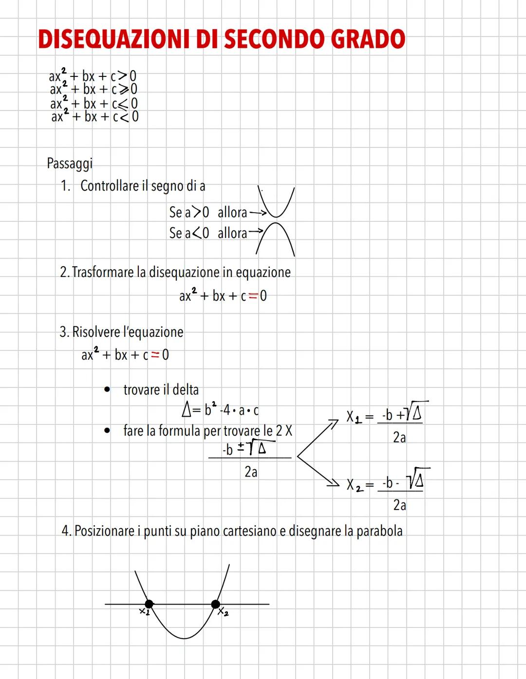 DISEQUAZIONI DI SECONDO GRADO
2
ax+bx+c>0
2
ax²+bx+c 0
2
ax+bx+c<0
ax²+bx+c<0
Passaggi
1. Controllare il segno di a
Se a>0 allora-
Se a<0 al