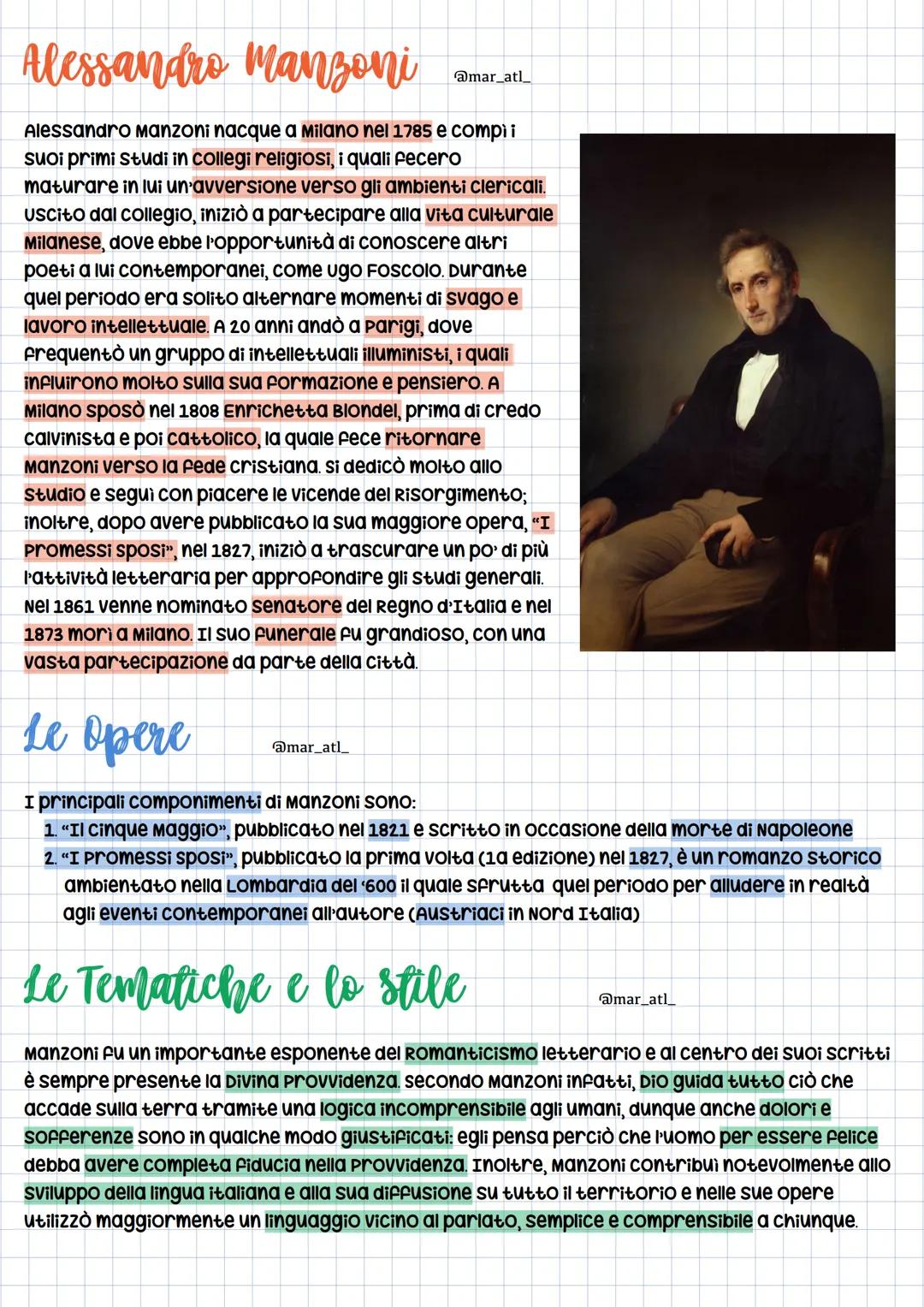 # Alessandro Manzoni
@mar_atl_
Alessandro Manzoni nacque a Milano nel 1785 e compi i
suoi primi studi in collegi religiosi, i quali fecero