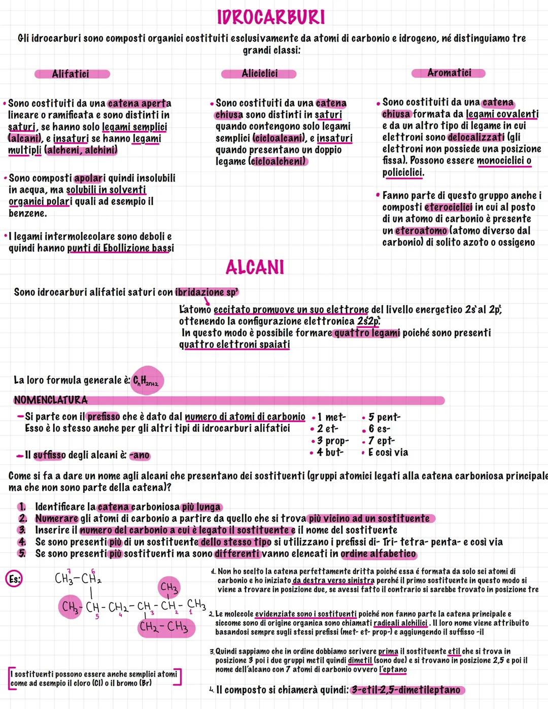 Idrocarburi alifatici e aliciclici: Alcani, cicloalcani, Alcheni, Alchini