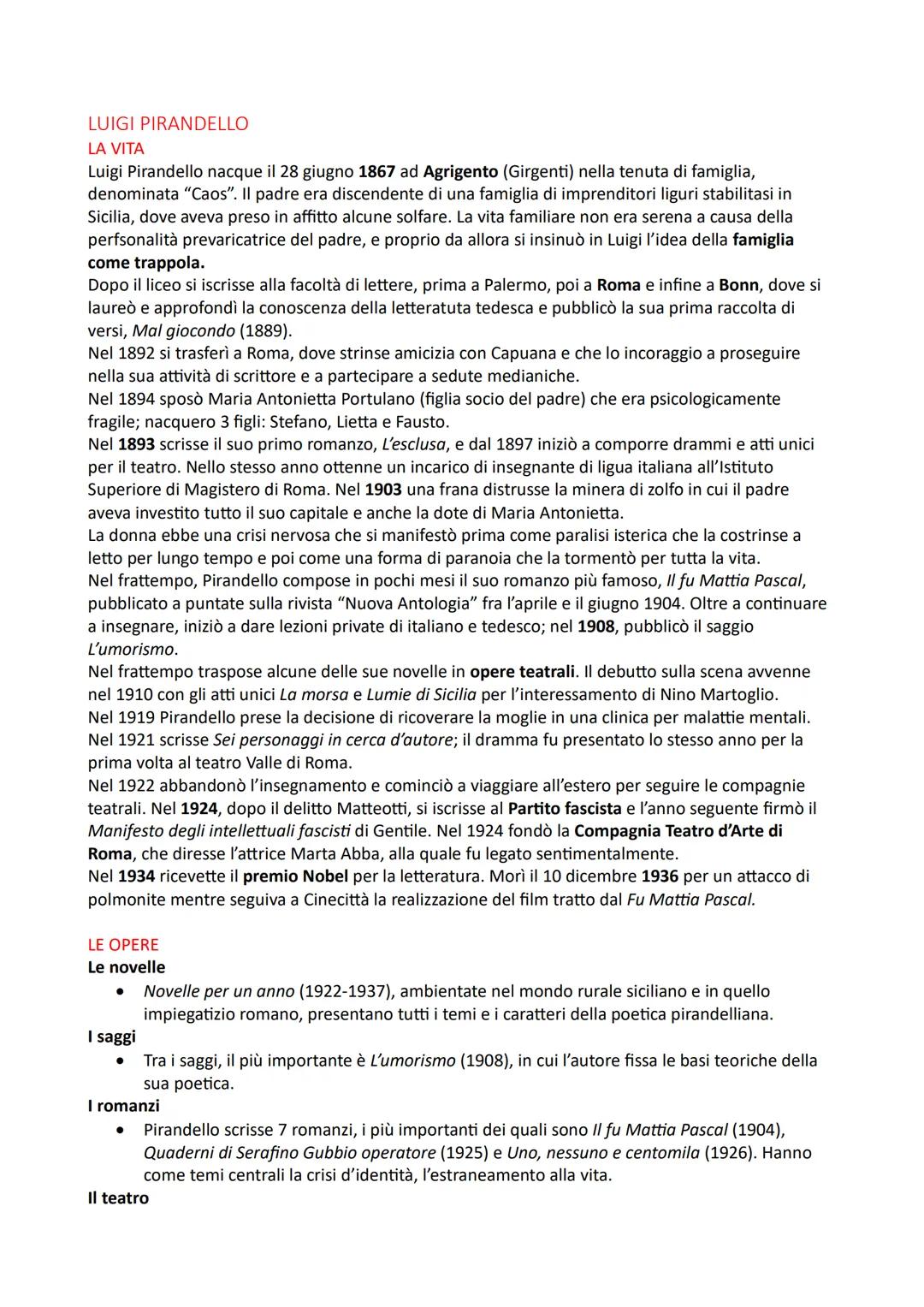 LUIGI PIRANDELLO
LA VITA
Luigi Pirandello nacque il 28 giugno 1867 ad Agrigento (Girgenti) nella tenuta di famiglia,
denominata "Caos". Il p