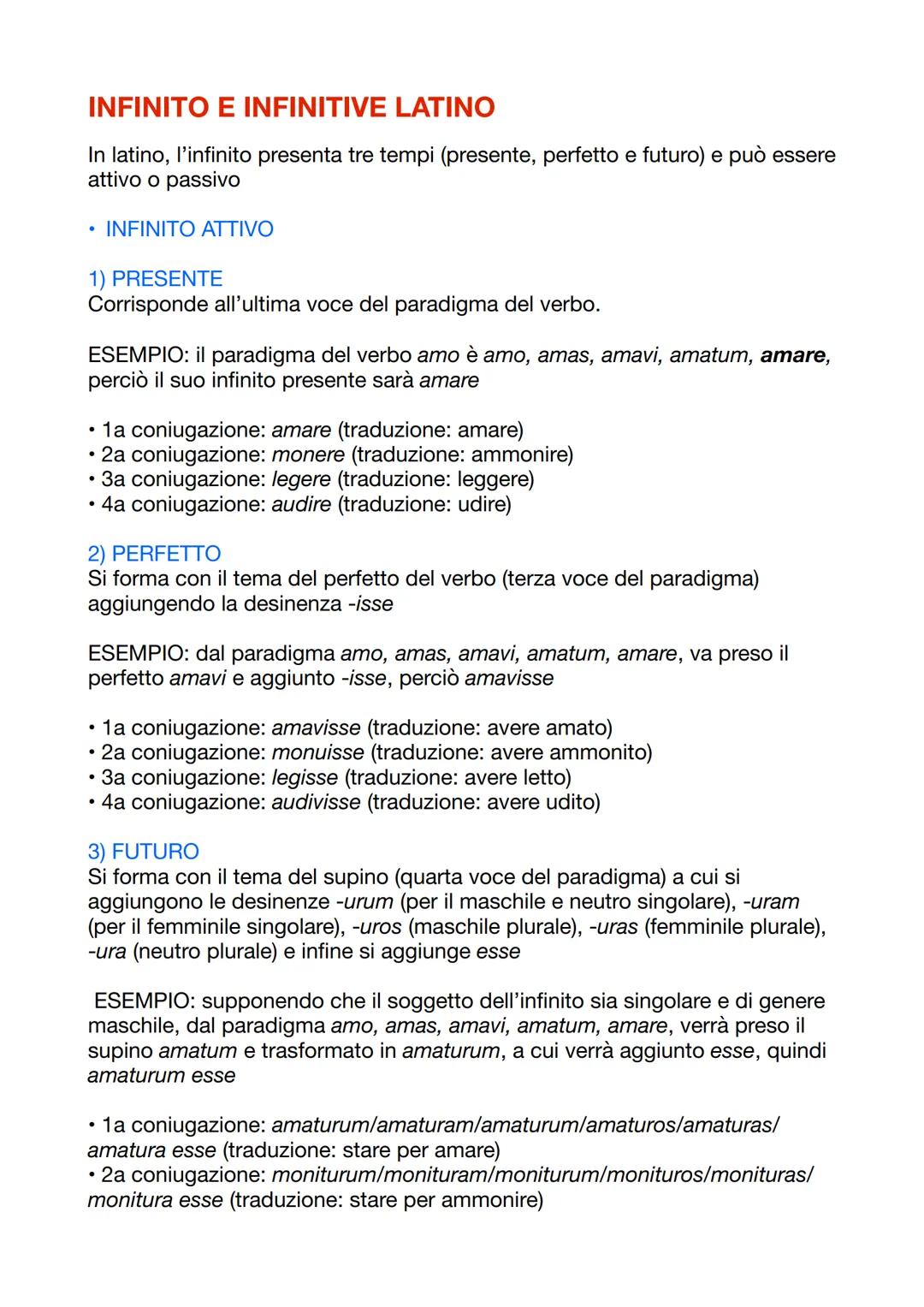# INFINITO E INFINITIVE LATINO
In latino, l'infinito presenta tre tempi (presente, perfetto e futuro) e può essere
attivo o passivo
* IN